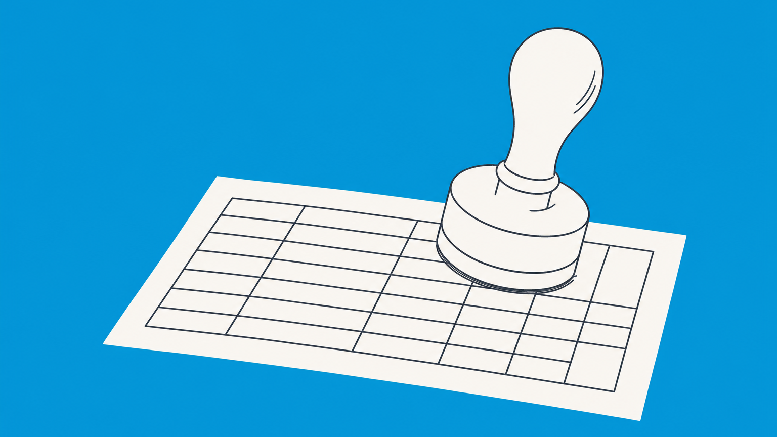 Flat illustration of a stamp on a balance sheet, representing trademark amortization