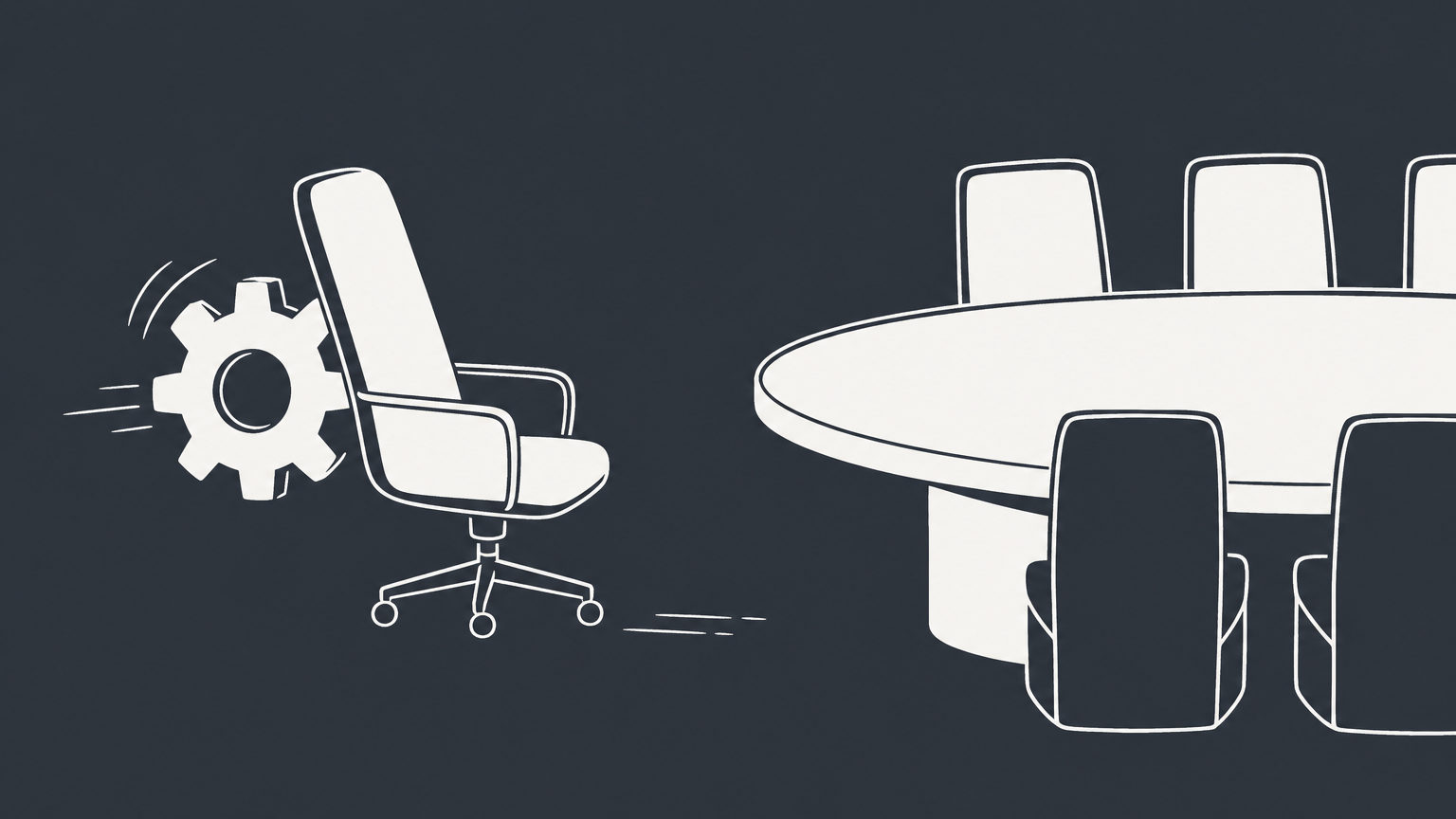 Flat illustration of a gear sliding an executive chair away from a table, representing removing a CEO