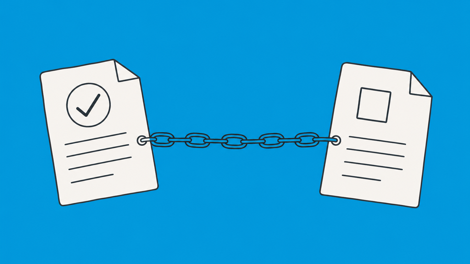 Flat illustration of two documents connected by a chain to represent an obligation in law.