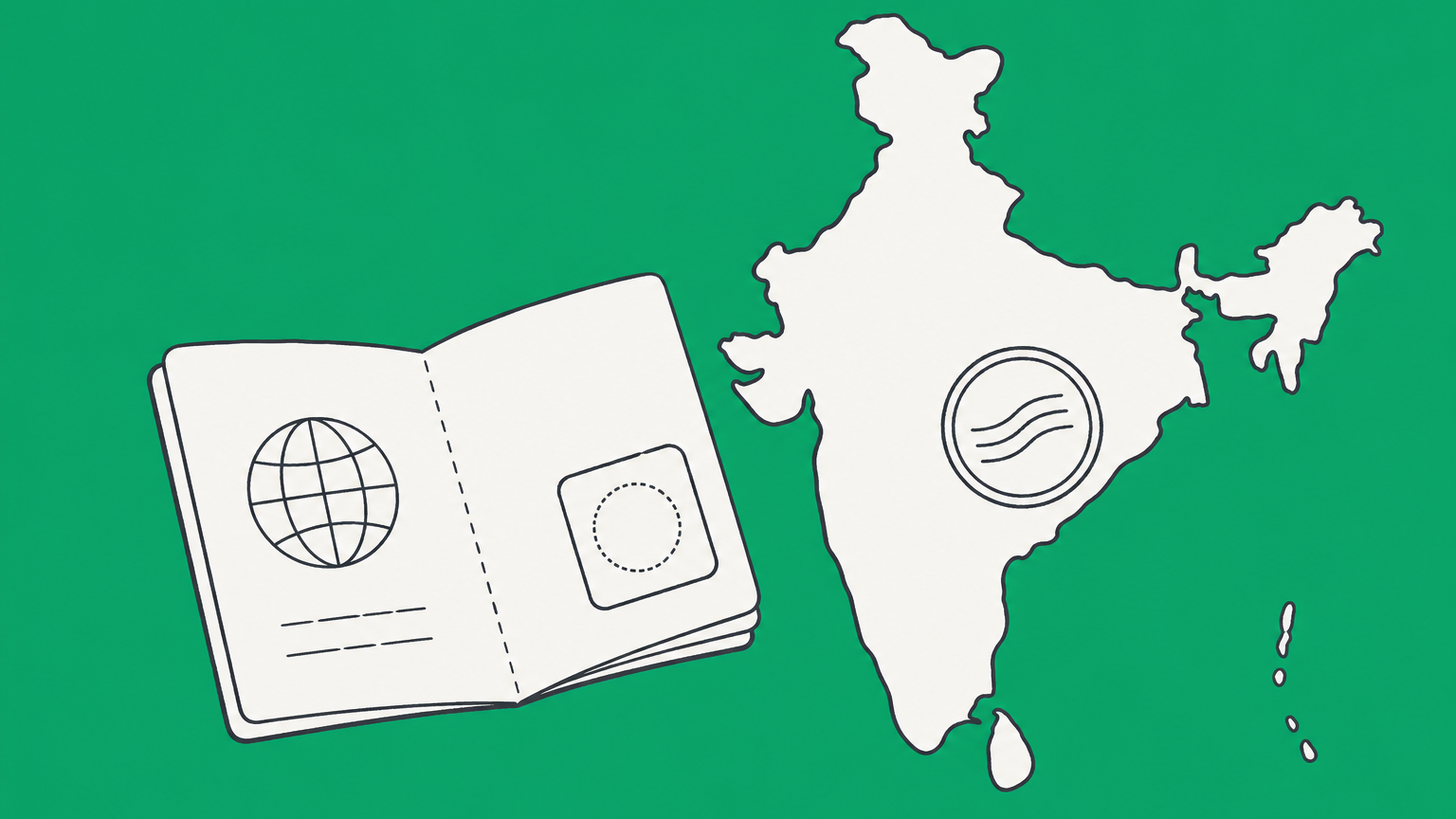 Flat illustration of a passport beside an India outline with a stamp, representing H-1B visa stamping in India
