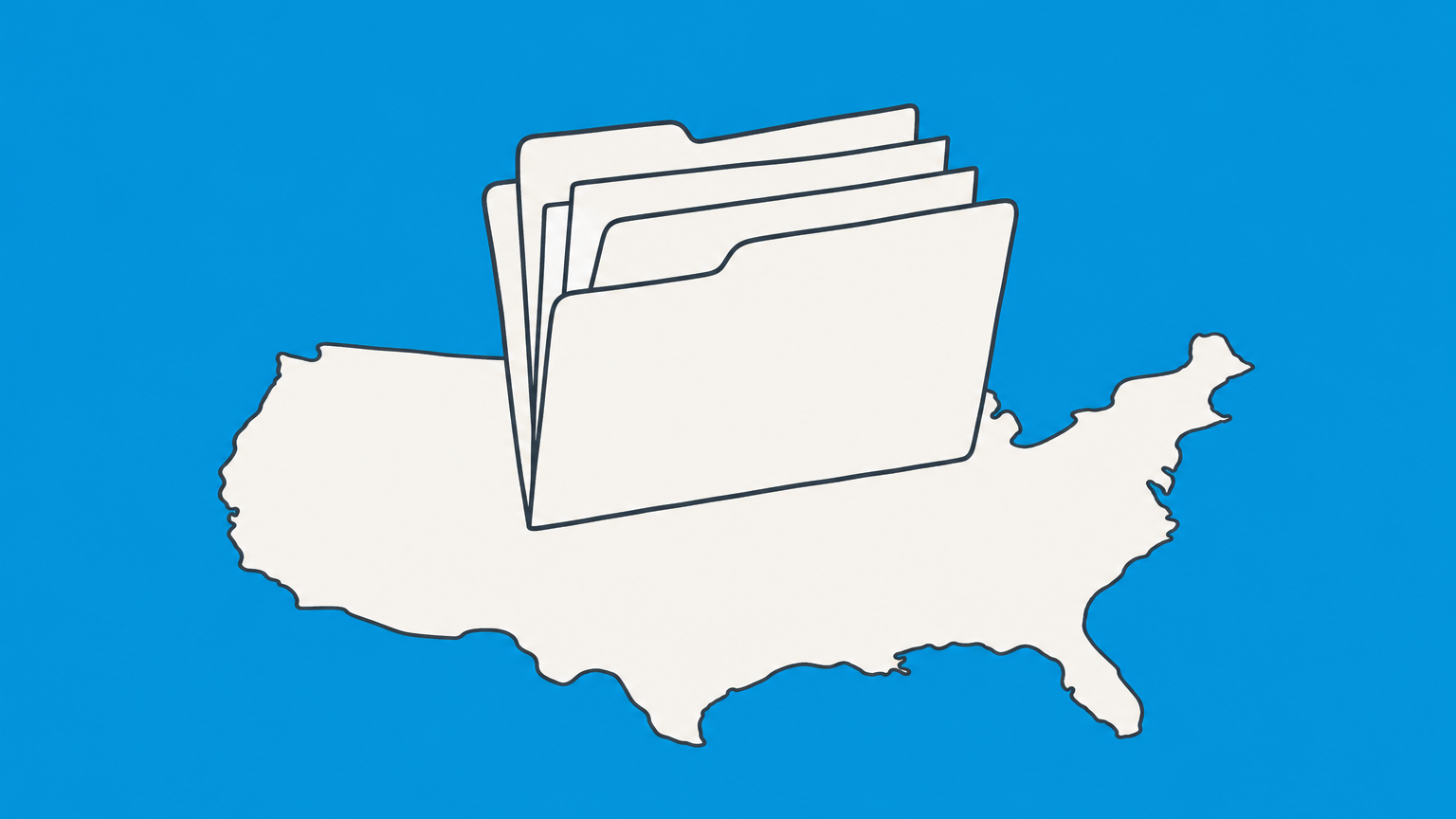 Flat illustration of a filing folder on a United States outline, representing US business registration