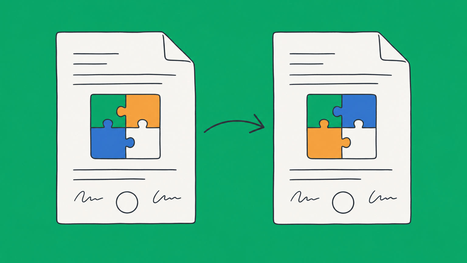 Flat illustration of two contract pages with selected puzzle pieces changed to represent mutatis mutandis in contracts.