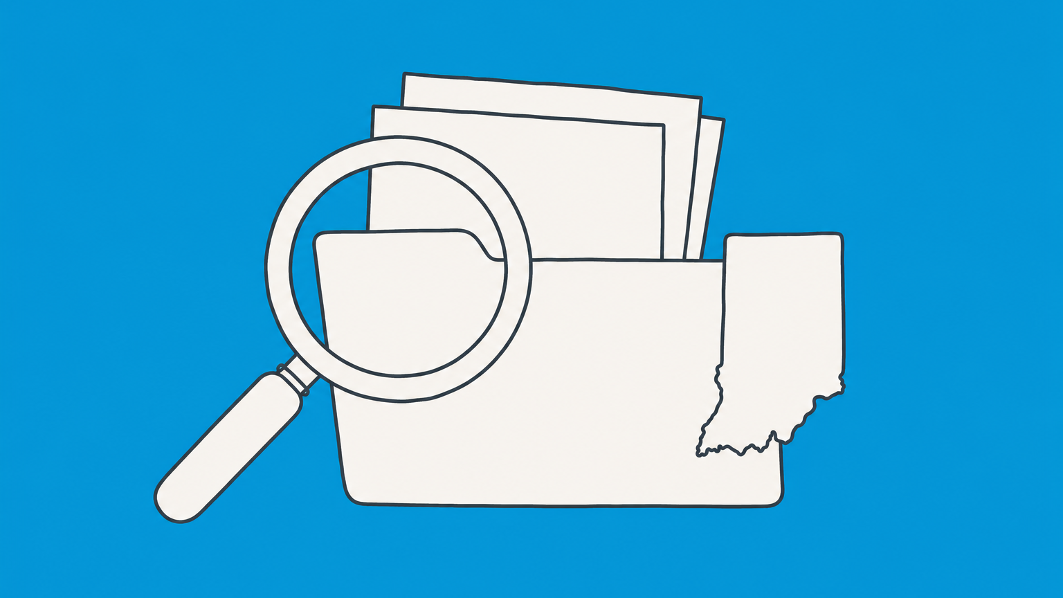 Flat illustration of a magnifying glass over a folder with an Indiana-shaped tab, representing the Indiana business entity search