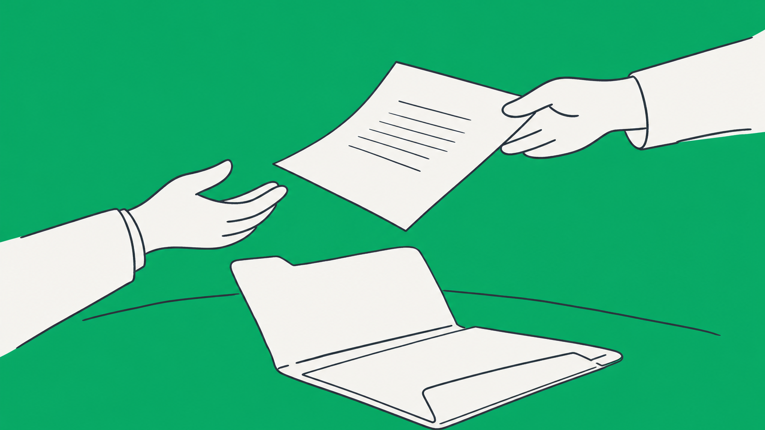 Flat illustration of a document being handed across a table, representing disclosure in law