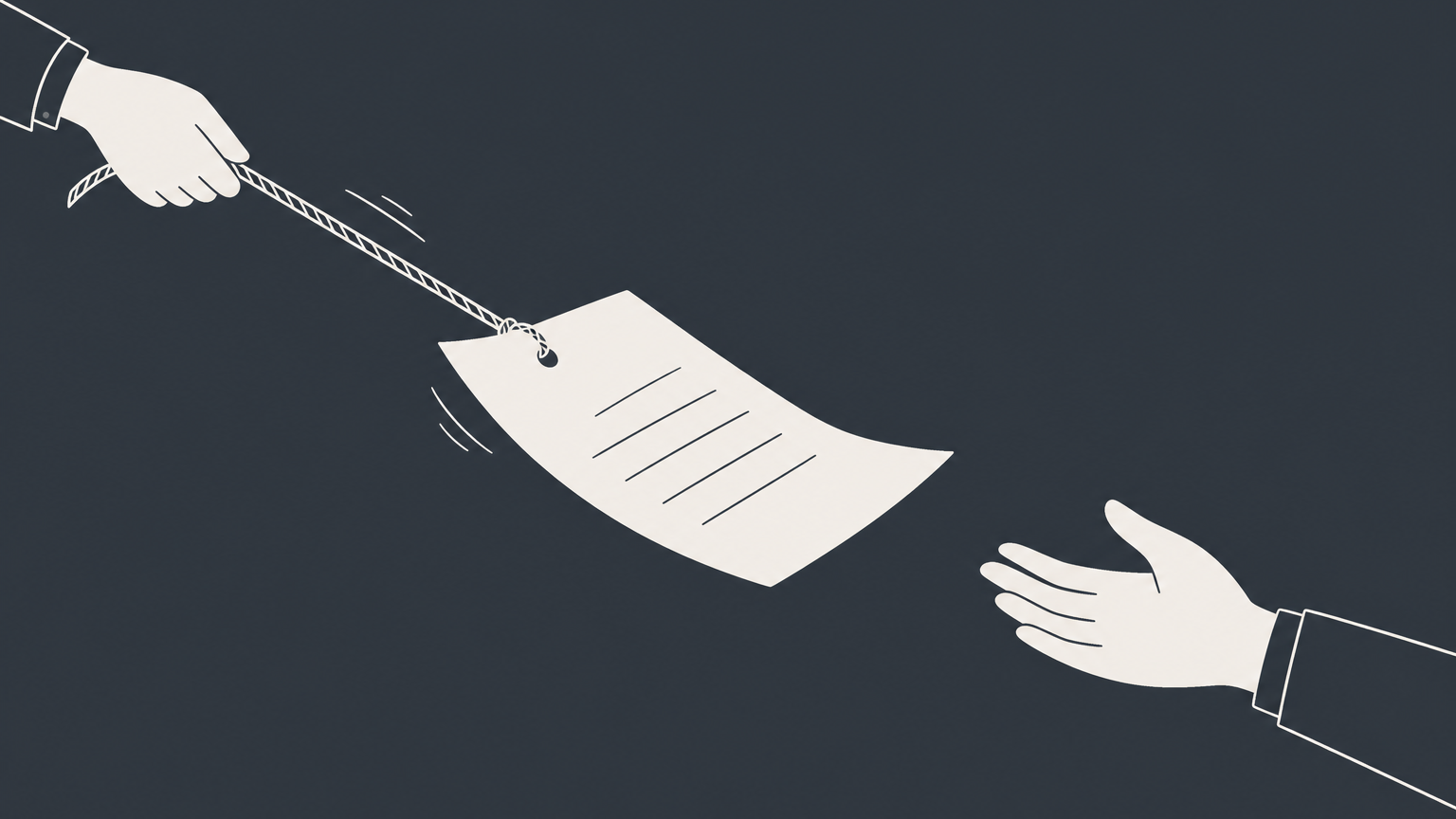 Flat illustration of a paper offer pulled back on a cord before reaching a hand, representing revocation of an offer