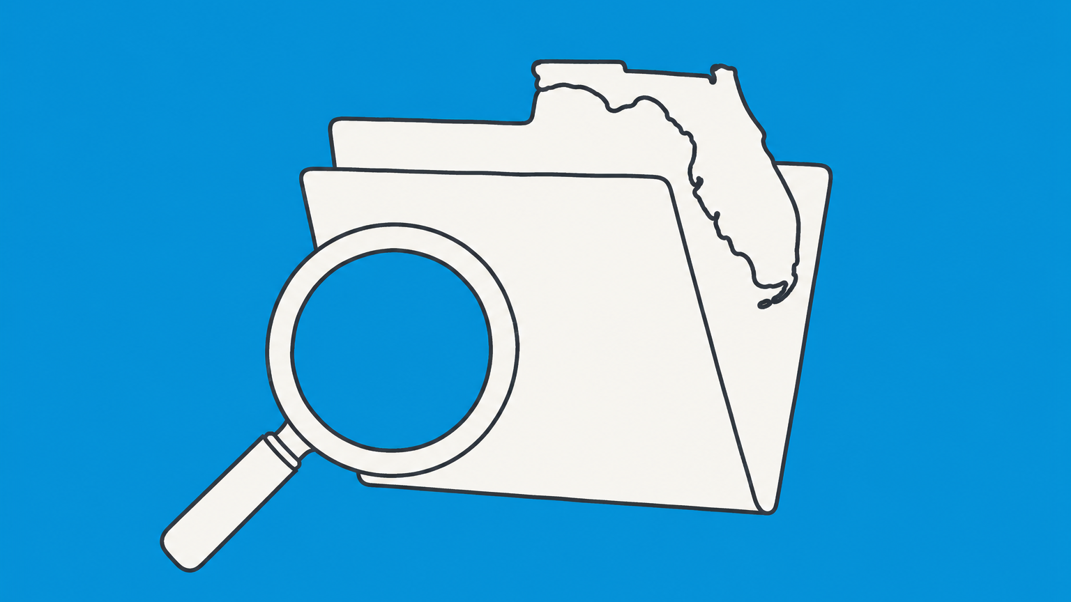 Flat illustration of a magnifying glass over a Florida-shaped folder tab, representing finding articles of incorporation in Florida
