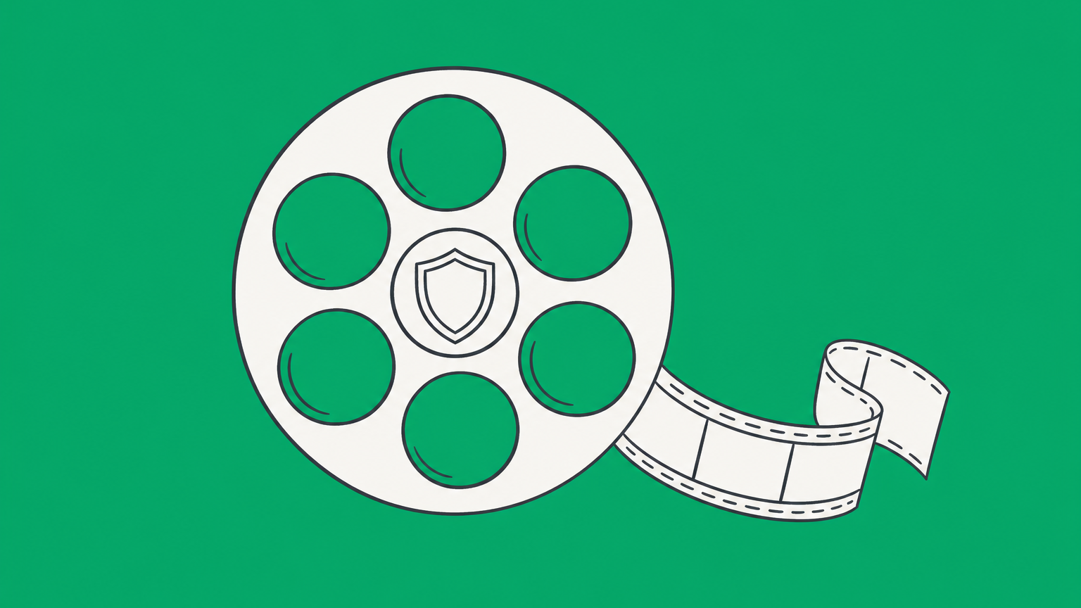 Flat illustration of a film reel with a shield at its center, representing intellectual property in movies