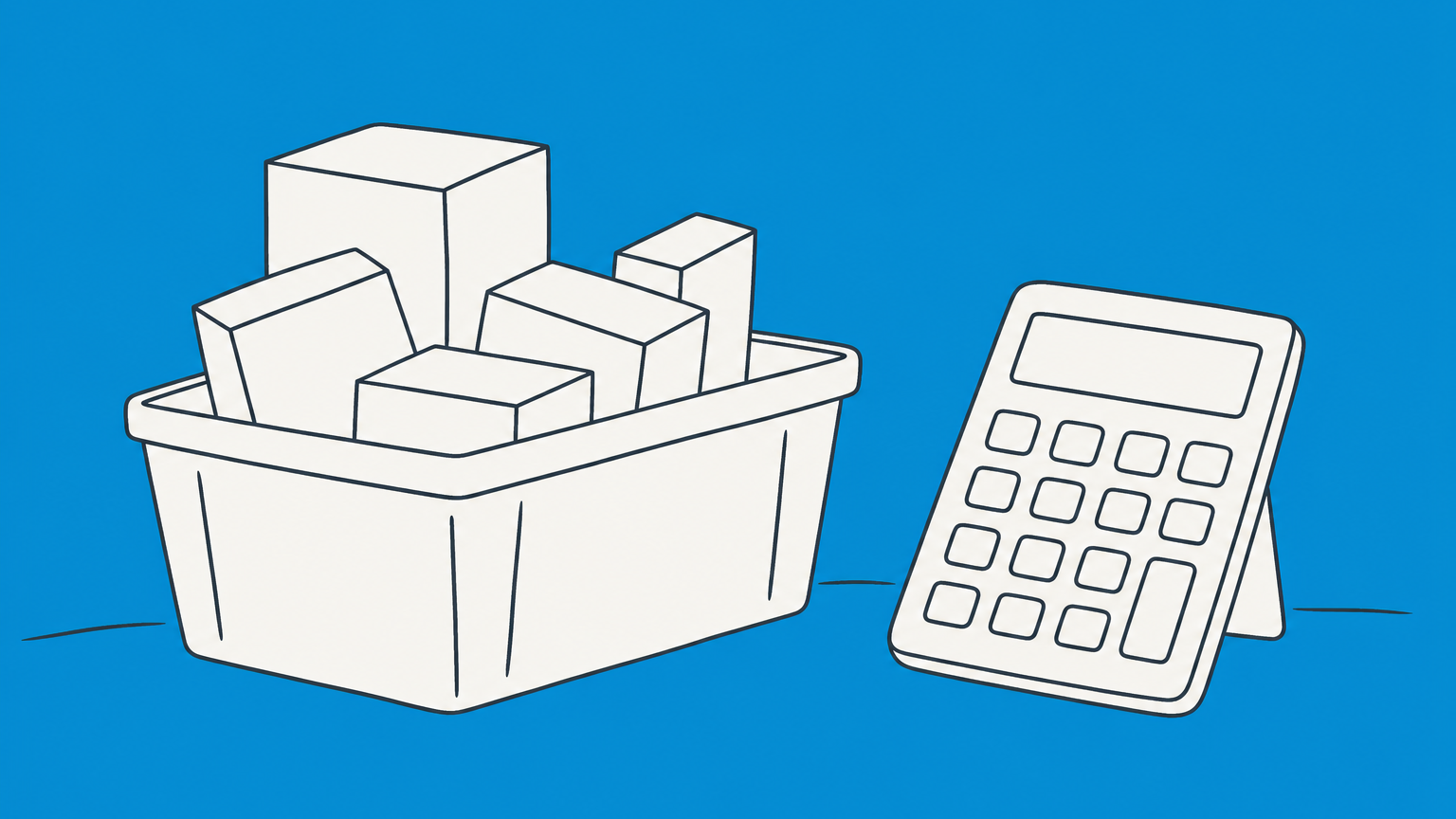 Flat illustration of raw material blocks beside a calculator, representing direct materials cost