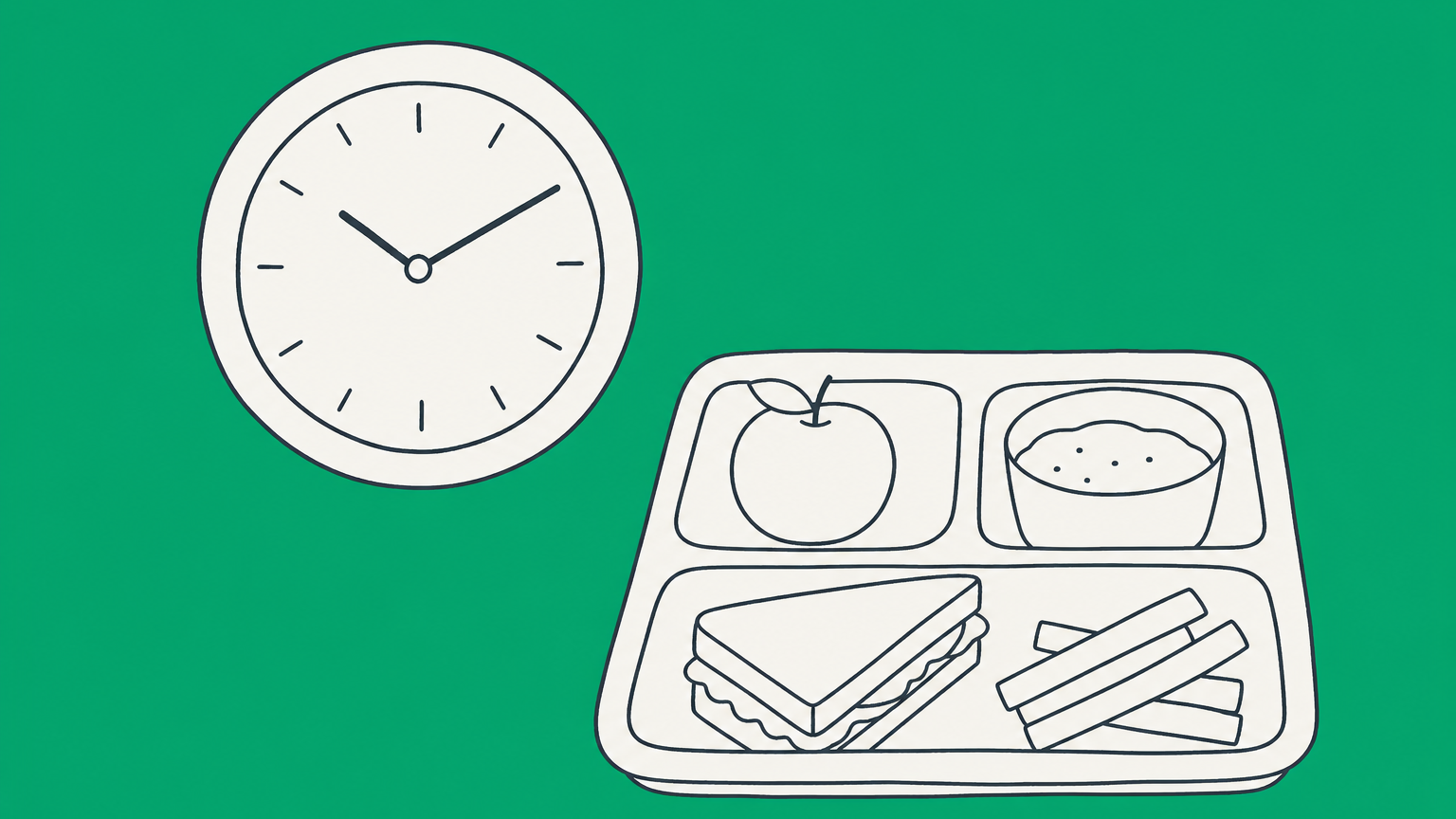 Flat illustration of a clock beside a lunch tray, representing federal break laws