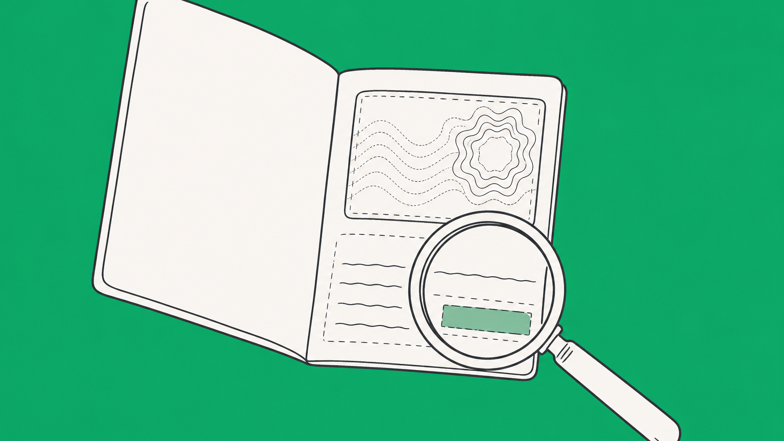 Flat illustration of an open passport and magnifying glass highlighting the location of a U.S. visa foil number.