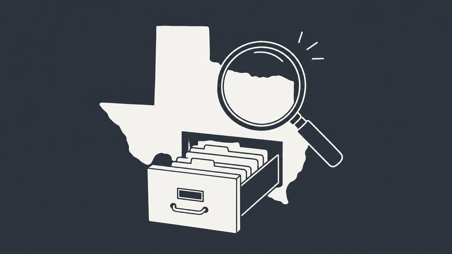 Flat illustration of a magnifying glass over a Texas-shaped drawer, representing a Texas LLC lookup
