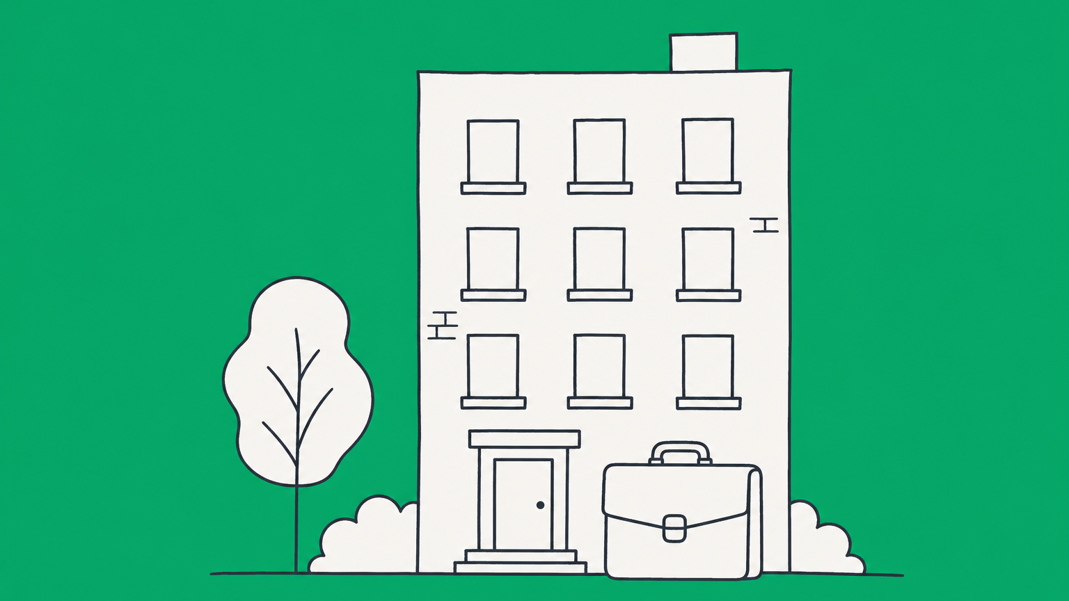 Flat illustration of an apartment building with a briefcase at the door, representing an LLC renting an apartment
