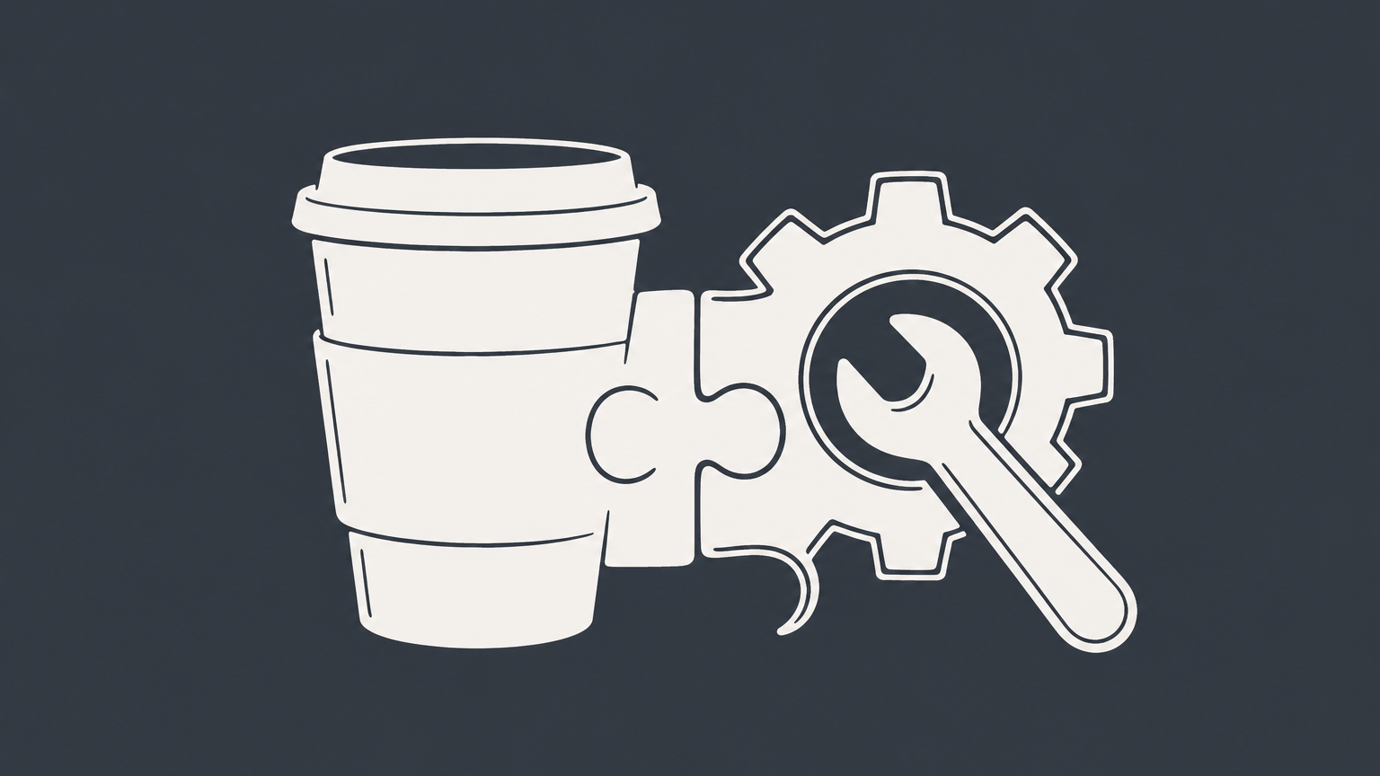 Flat illustration of a packaged coffee mug and a service wrench joined as puzzle pieces to represent products and services.