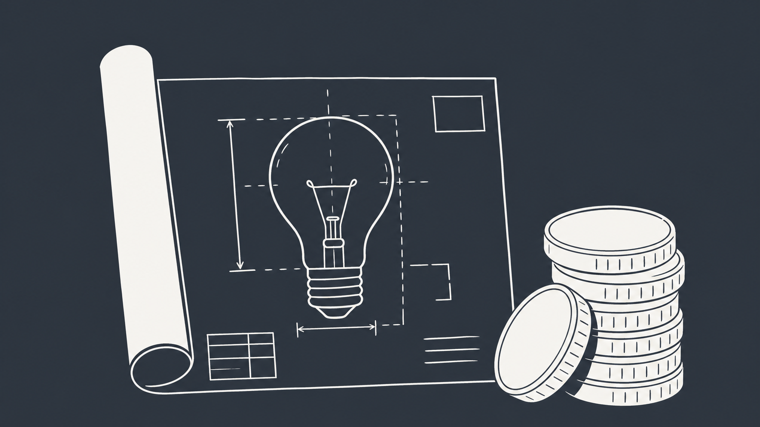 Flat illustration of a blueprint beside a coin stack, representing how much a patent costs