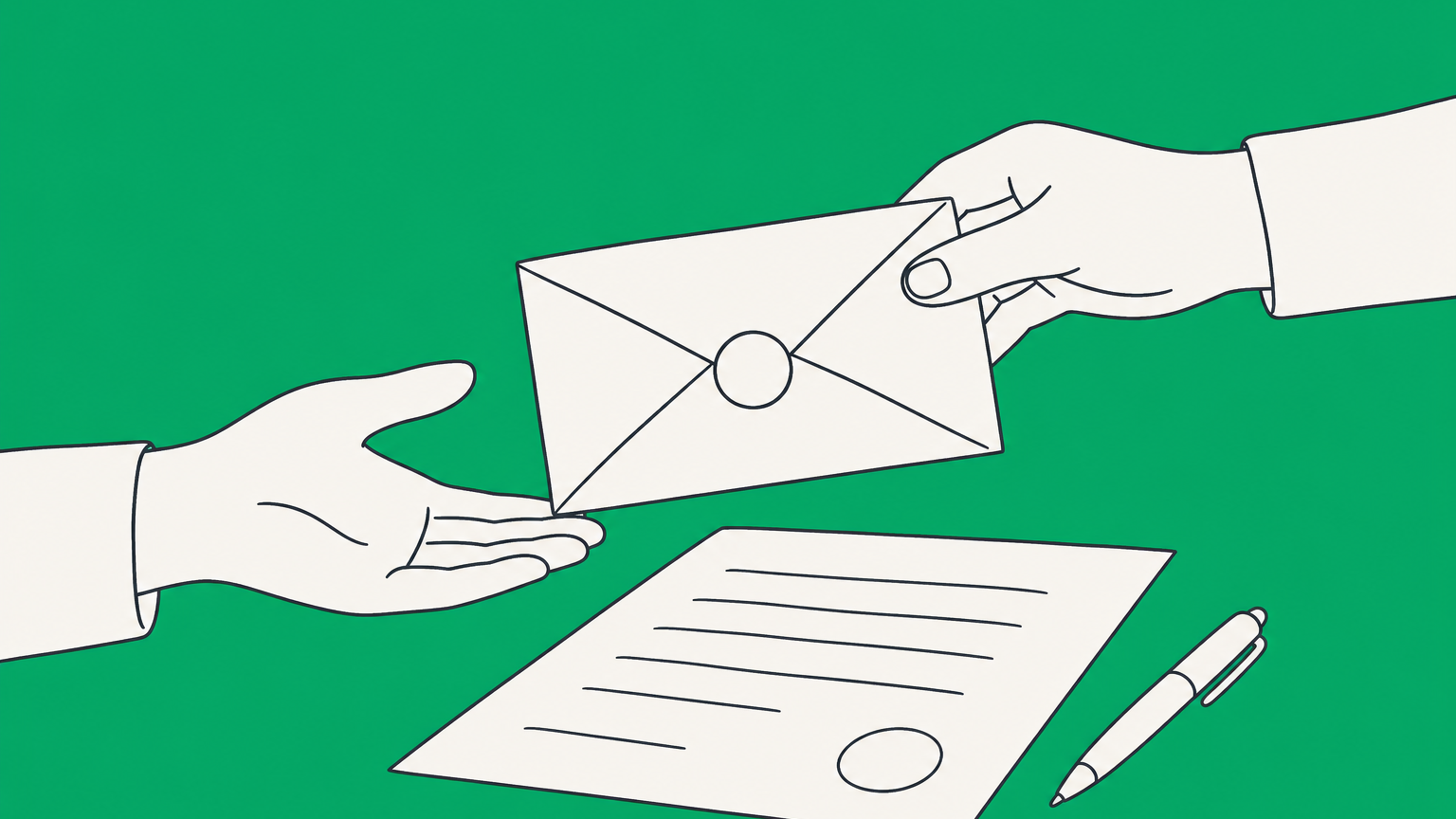 Flat illustration of two hands exchanging a sealed envelope over a contract, representing promisor and promisee