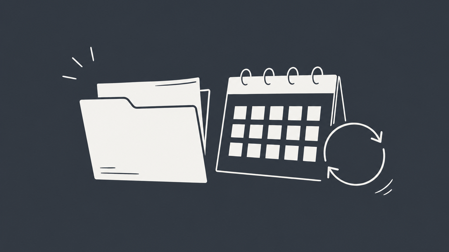 Flat illustration of a folder beside a calendar with a circular arrow, representing annual LLC renewal