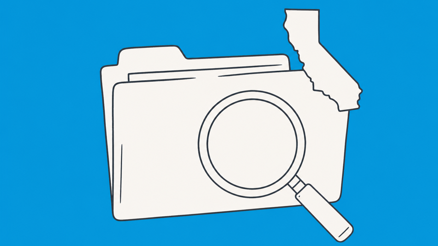 Flat illustration of a magnifying glass over a California-shaped folder tab, representing a California LLC lookup