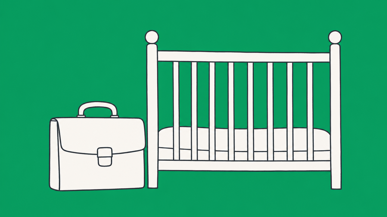 Flat illustration of a briefcase beside a crib, representing maternity leave for men