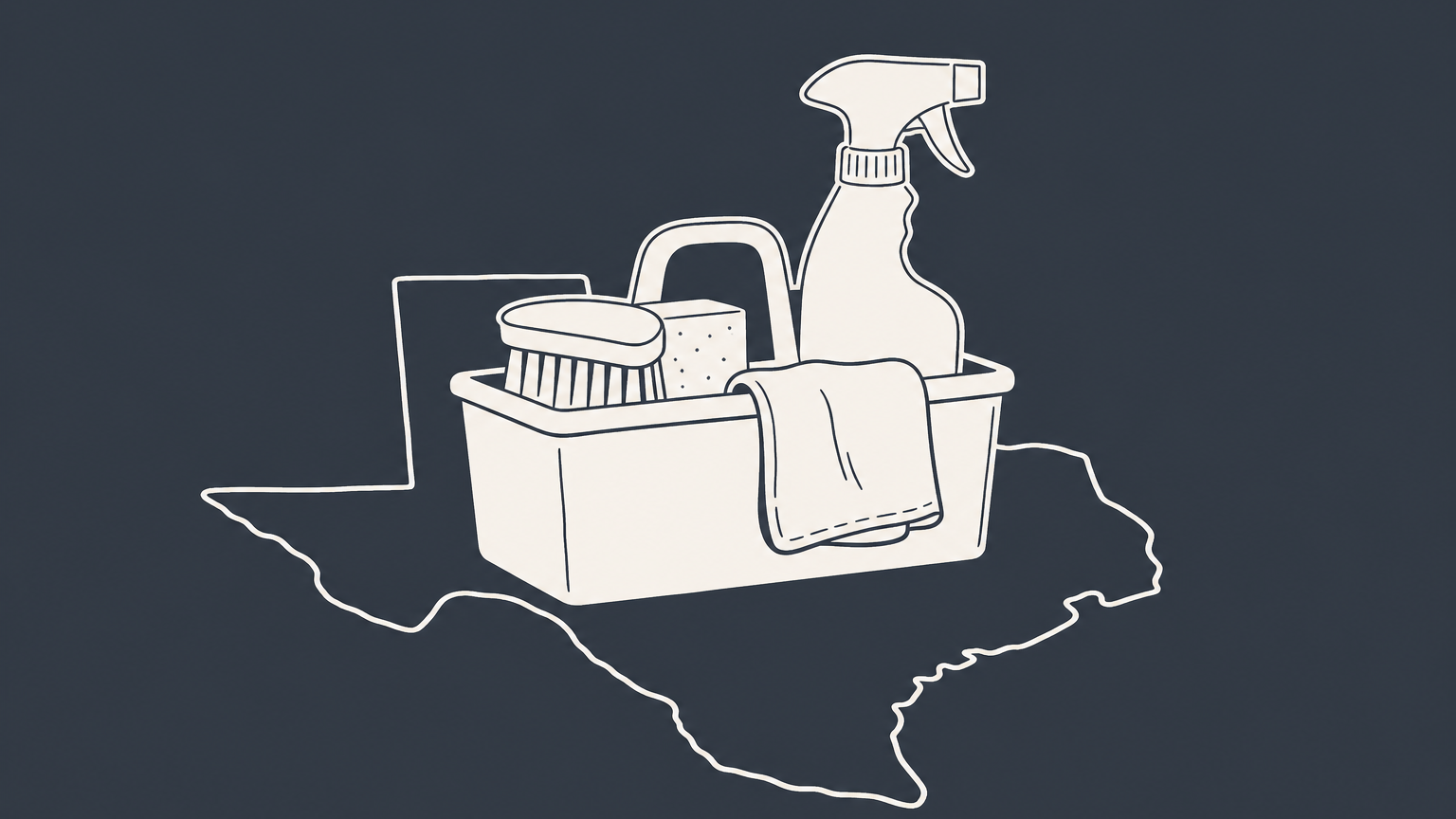 Flat illustration of a cleaning caddy on a Texas outline, representing starting a cleaning business in Texas