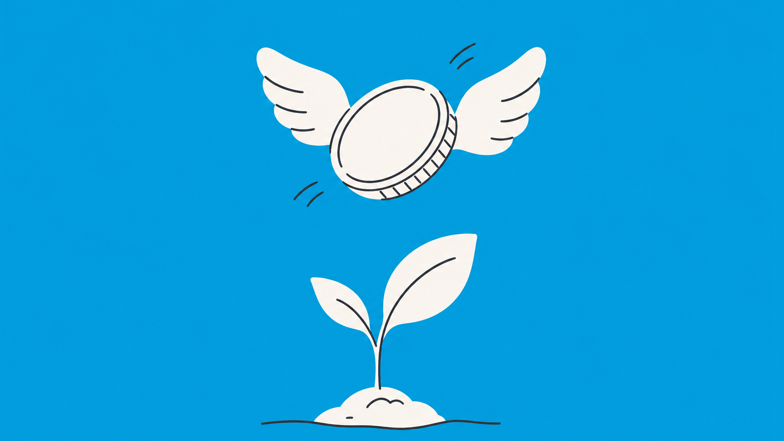Flat illustration of a winged coin above a seedling, representing how much angel investors invest