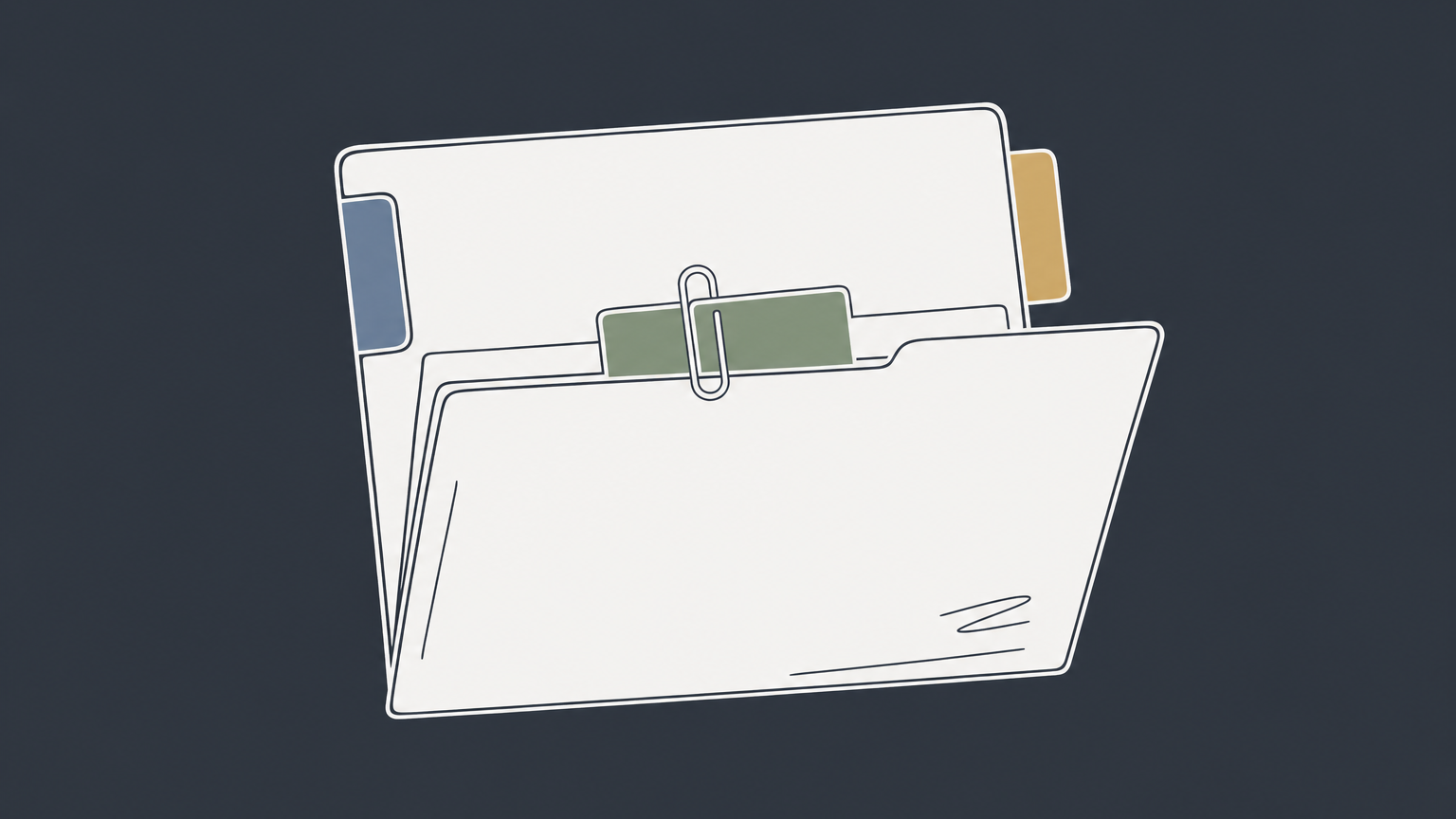 Flat illustration of an open case folder with opposing tabs and an added tab representing parties in a lawsuit.