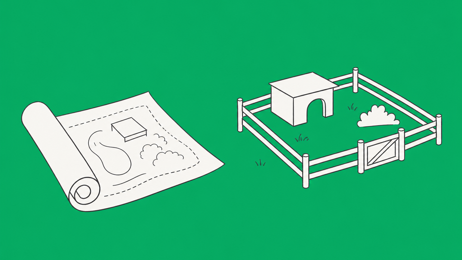 Flat illustration of a site plan beside a fenced enclosure, representing how to start a zoo