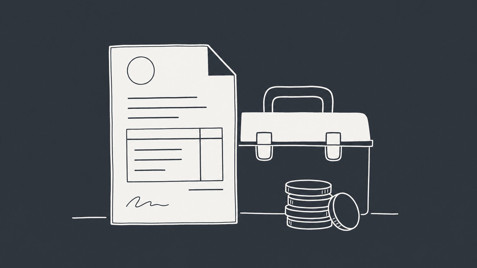 Flat illustration of an invoice beside a toolbox and coins, representing contractor salary