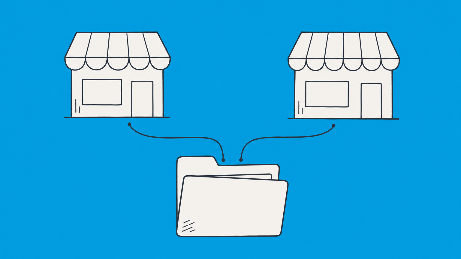 Flat illustration of a folder linked to two storefront awnings, representing an LLC name versus a business name