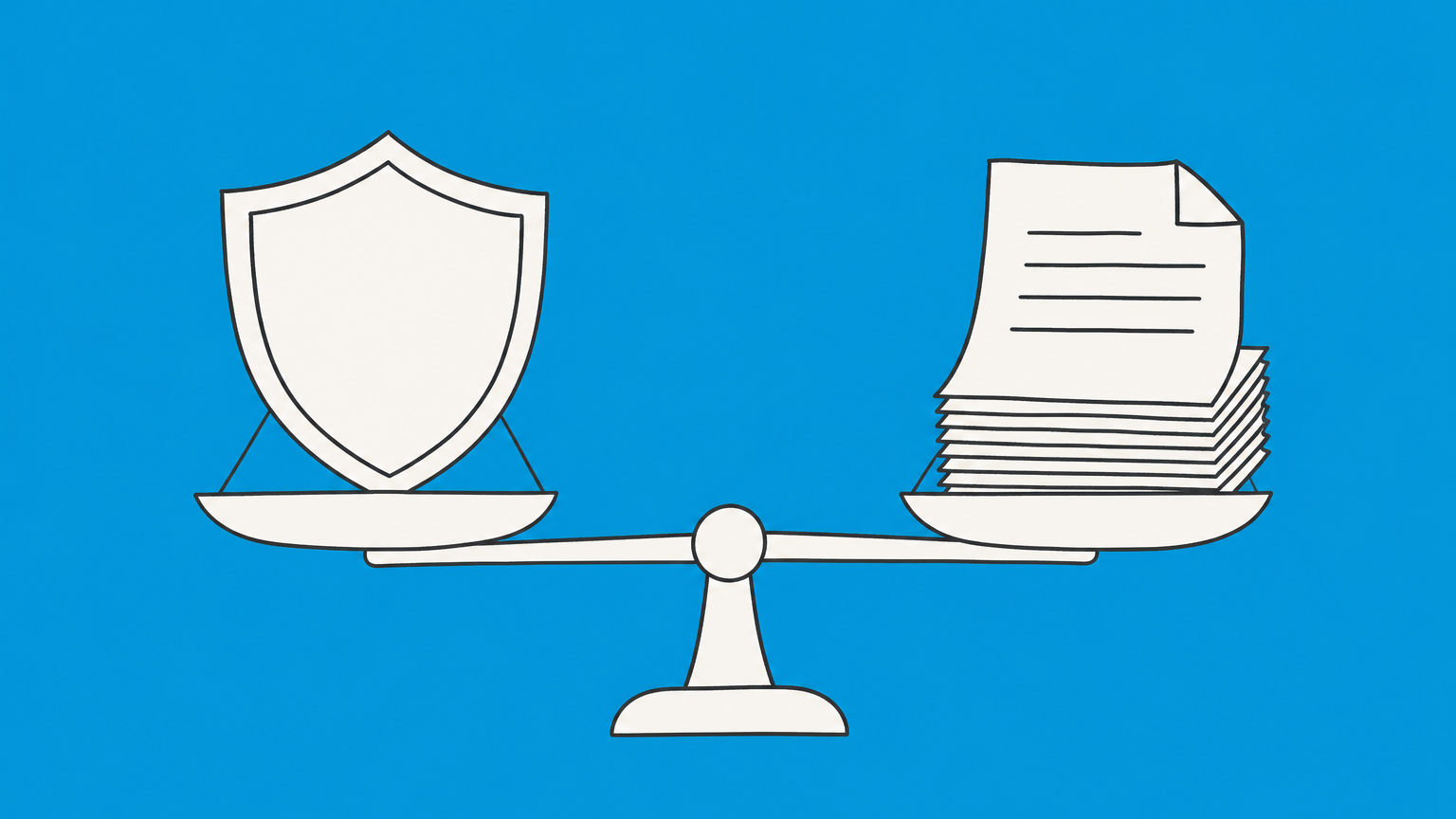 Flat illustration of a shield and invoices on a balance, representing the pros and cons of an LLC in California