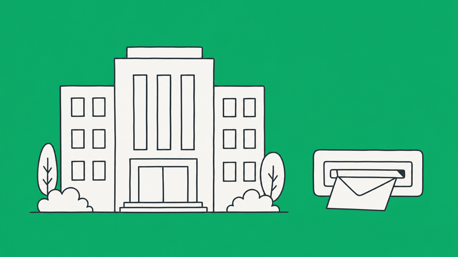 Flat illustration of an office building beside a mail slot, representing a principal office versus a registered office
