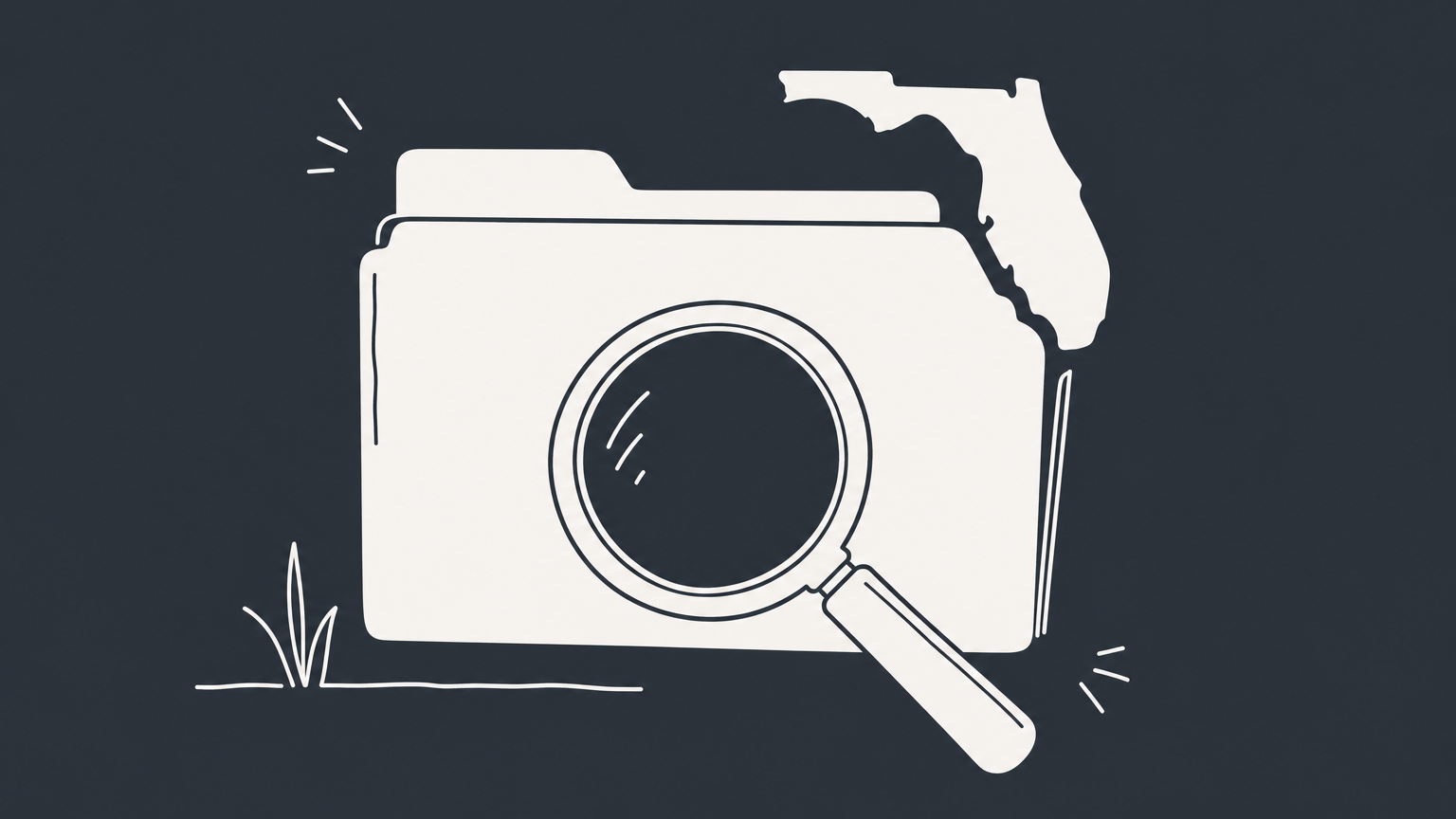Flat illustration of a magnifying glass over a Florida-shaped registry tab, representing a Sunbiz search by name