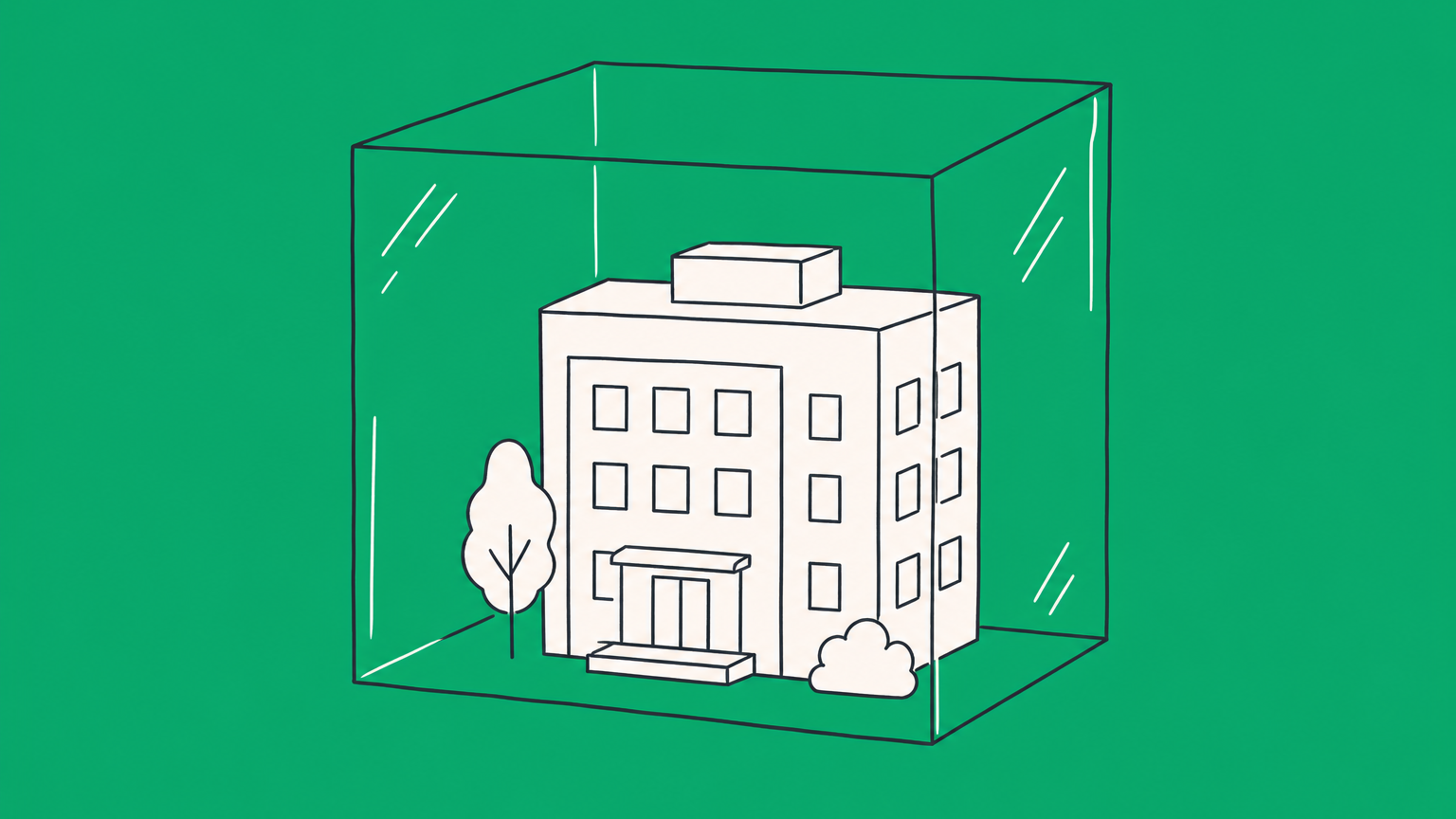 Flat illustration of a transparent cube containing an office building, representing a body corporate