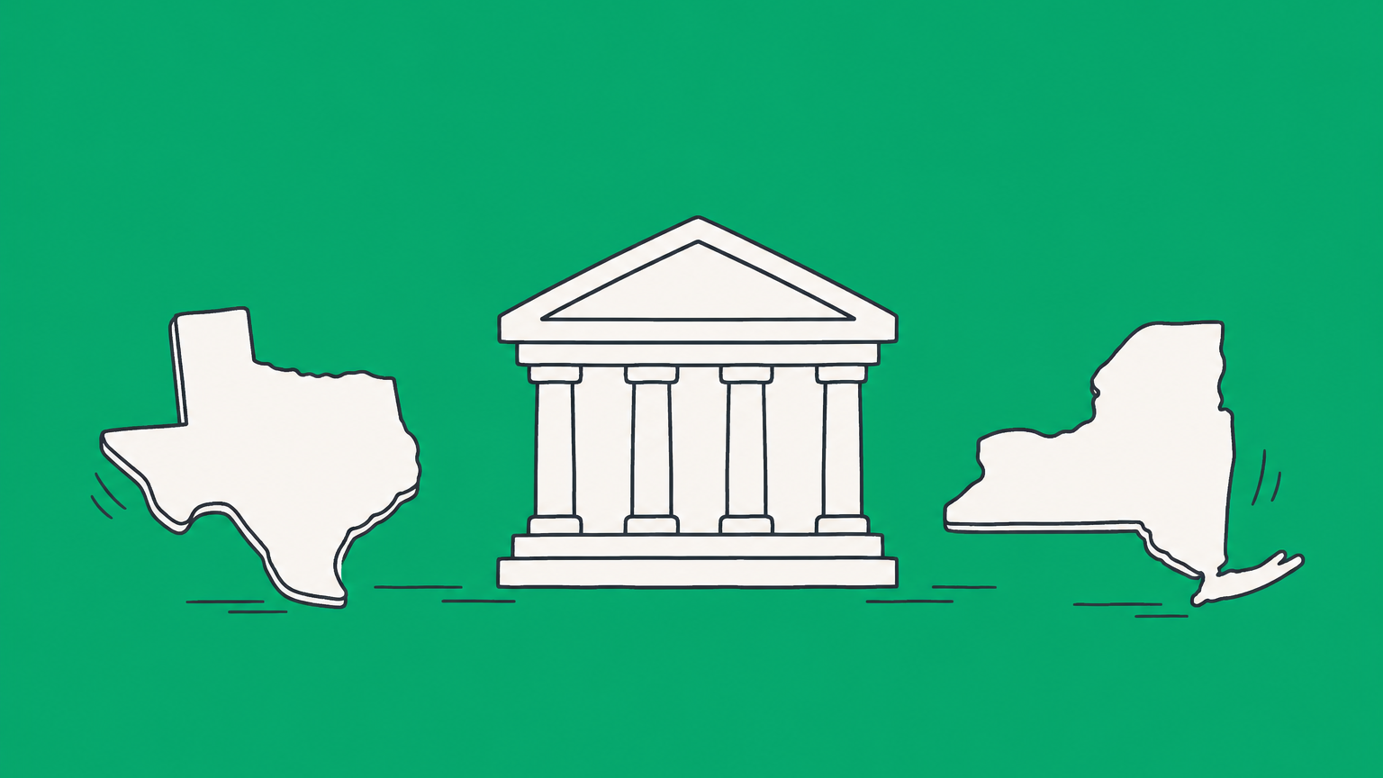 Flat illustration of a bank between two state tiles, representing opening a business bank account in another state