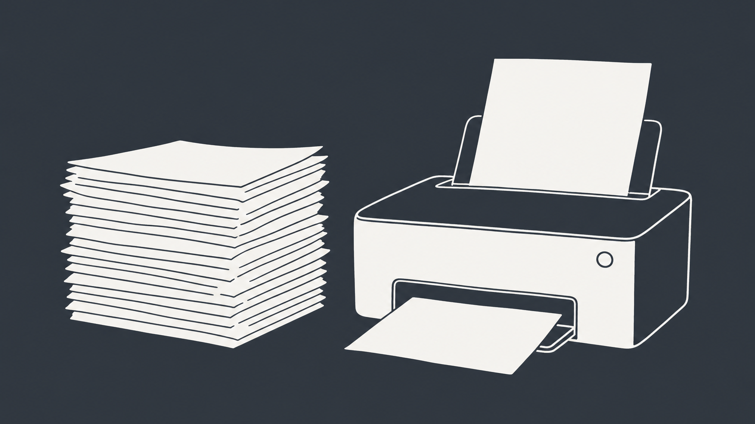 Flat illustration of a stack of paper beside a printer, representing supplies versus equipment