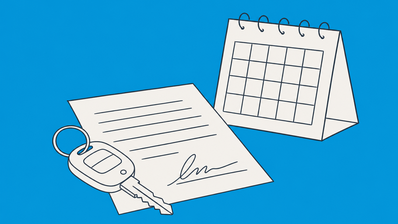 Flat illustration of a car key on a contract beside a calendar, representing the three-day right to cancel a car purchase in Texas