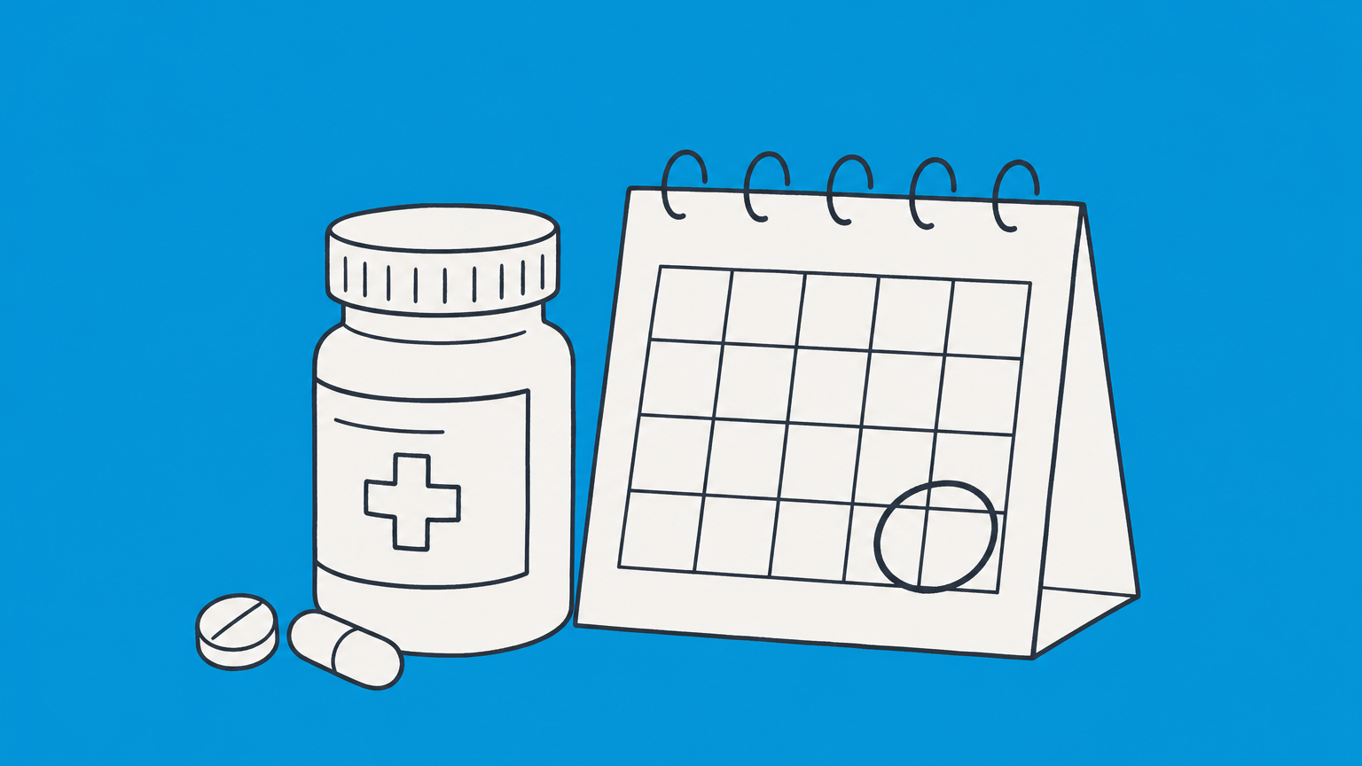 Flat illustration of a medicine bottle beside a calendar, representing how long patents last