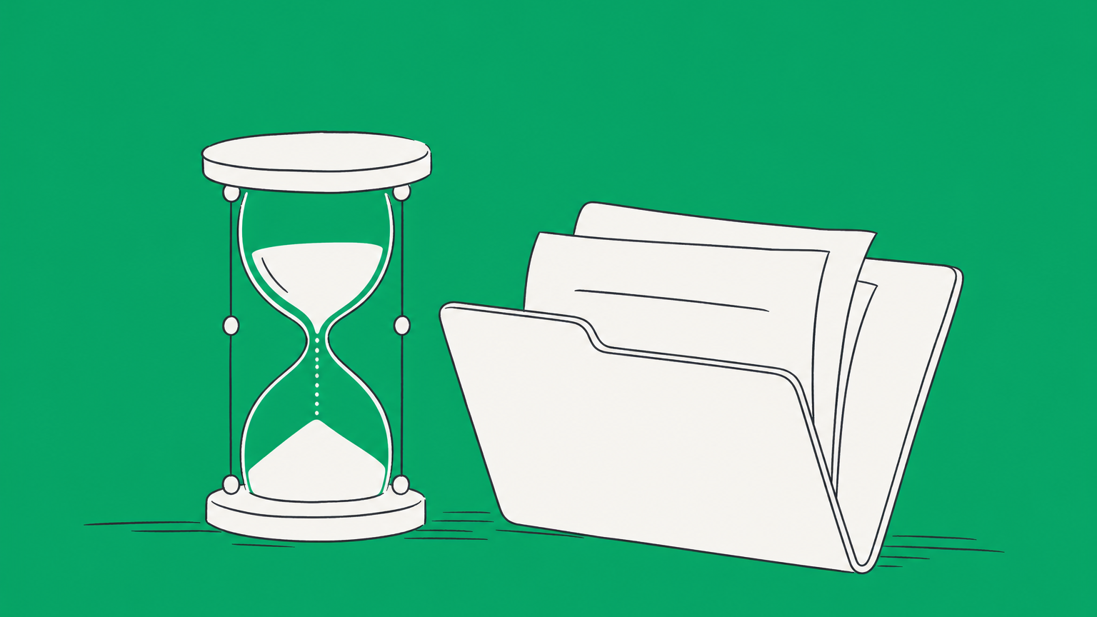 Flat illustration of an hourglass beside a case folder, representing the doctrine of laches