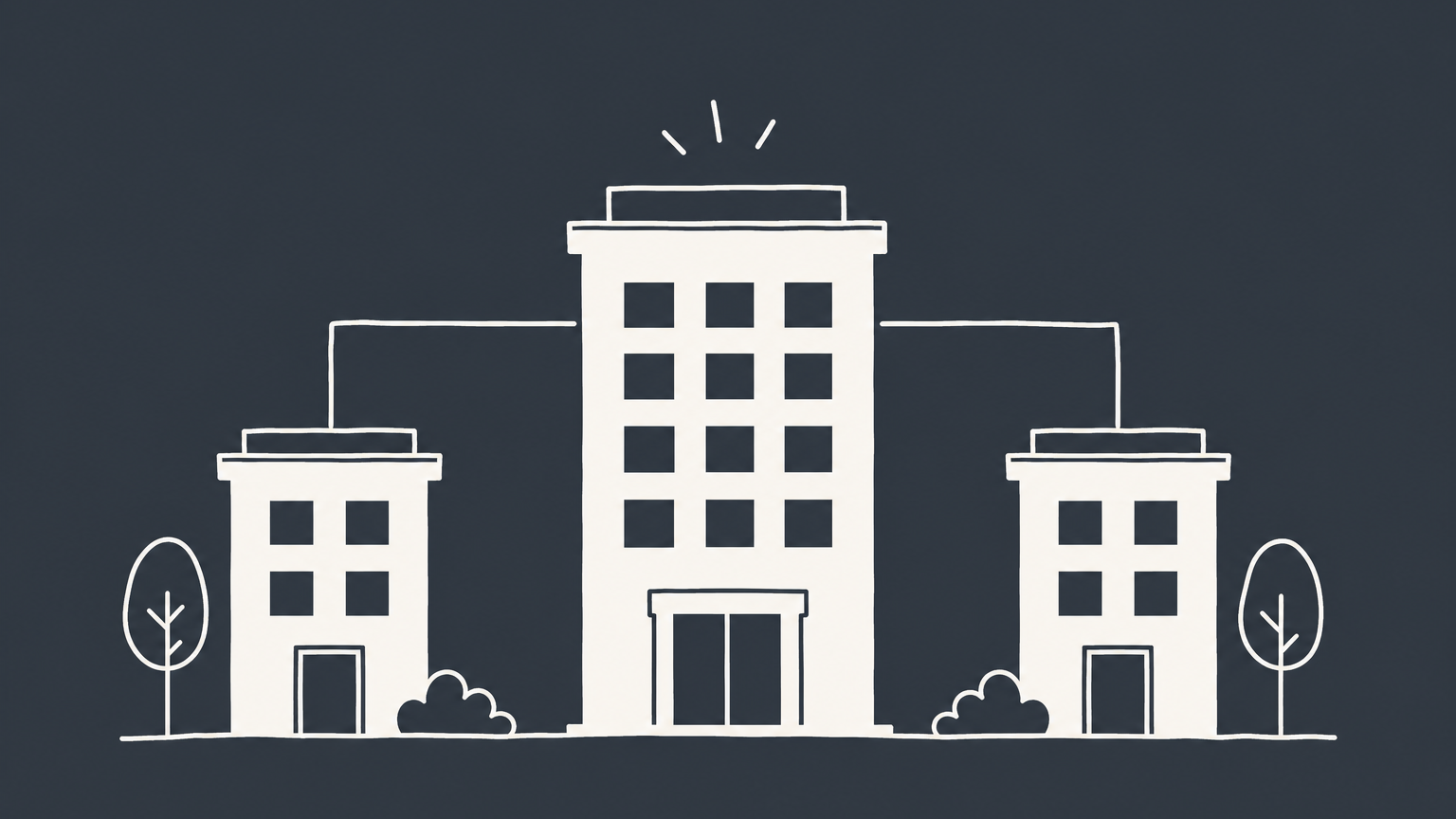 Flat illustration of an office building connected to two smaller buildings, representing an affiliate