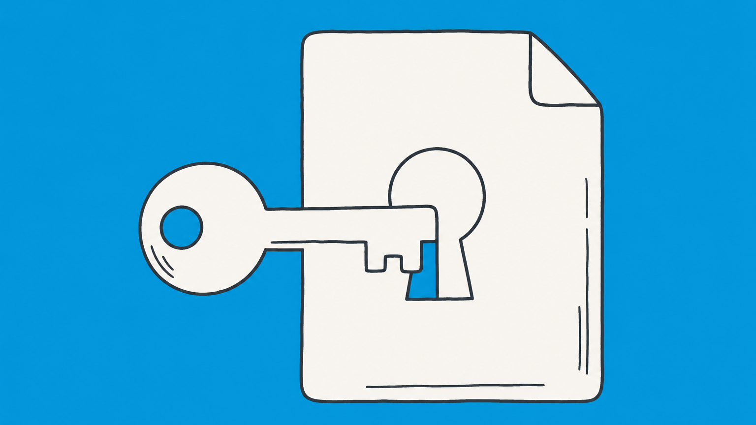 Flat illustration of a key fitting a lock on a document, representing a legal right