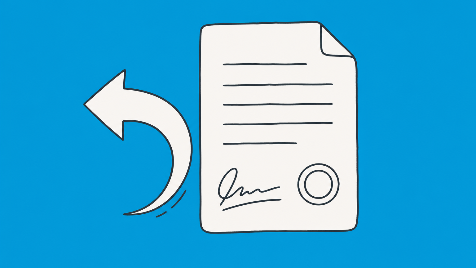 Flat illustration of a signed contract with a backward arrow, representing reneging on a contract