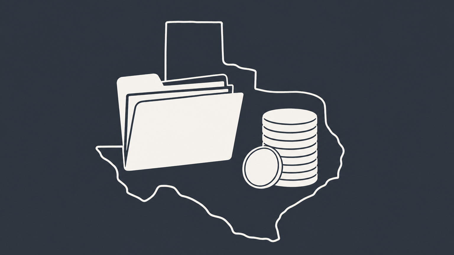 Flat illustration of a folder and coins on a Texas outline, representing Texas LLC cost
