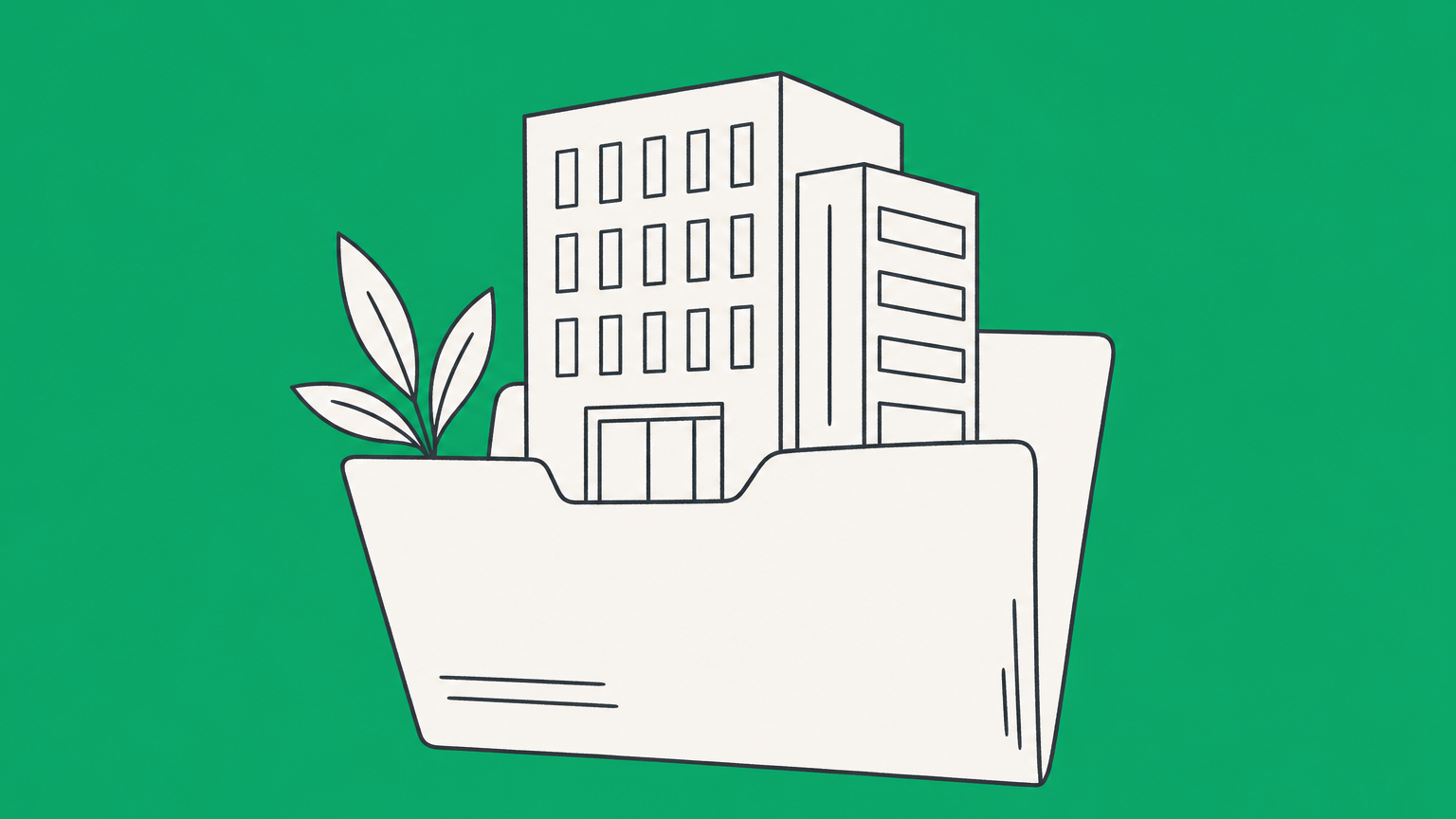 Flat illustration of an office building packed into a folder, representing IRS Form 966