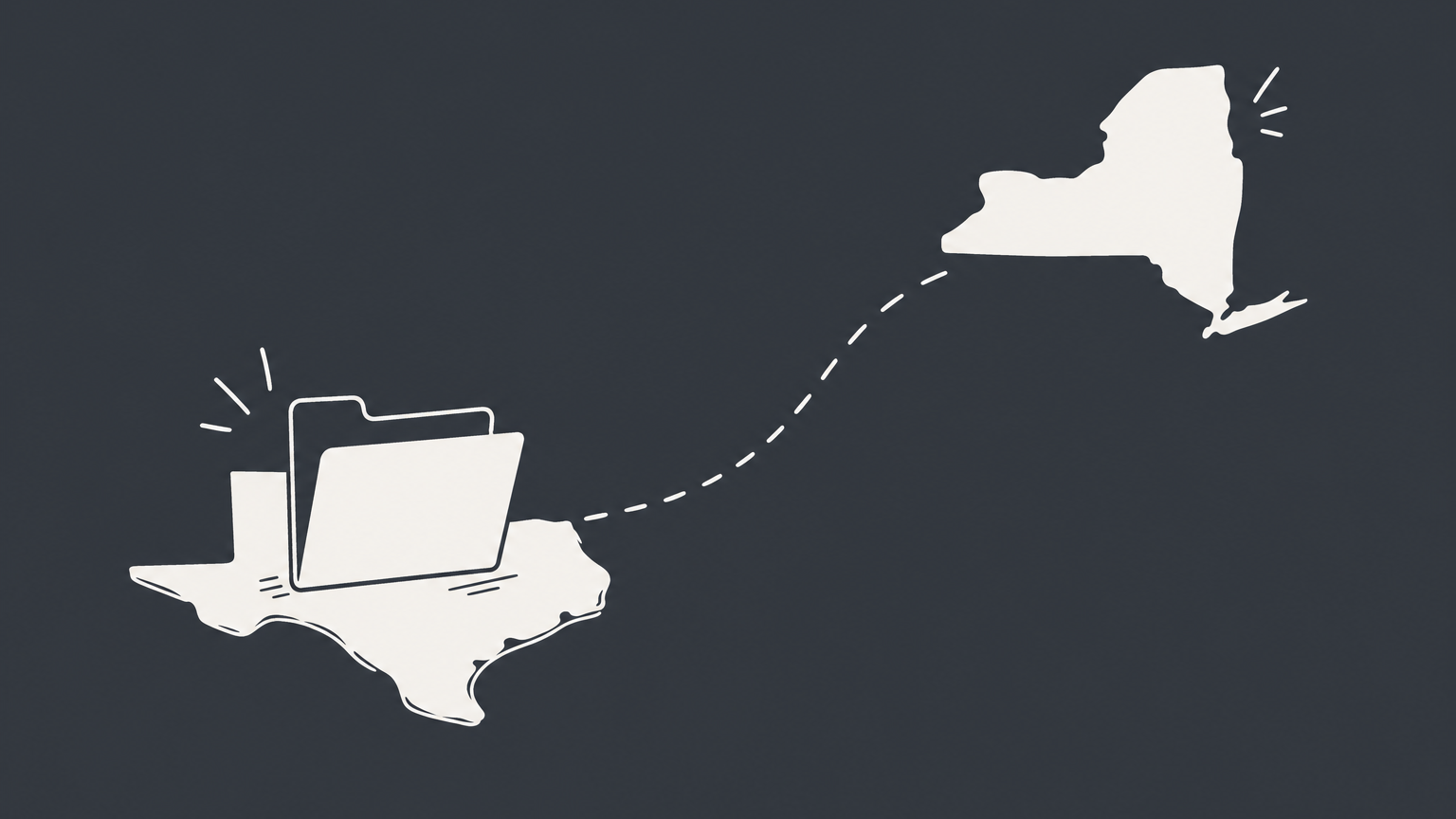 Flat illustration of a folder on one state tile linked to another, representing an LLC in two states