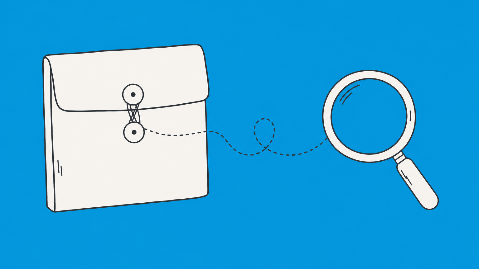 Flat illustration of a sealed folder linked to a magnifying glass, representing a provisional patent search