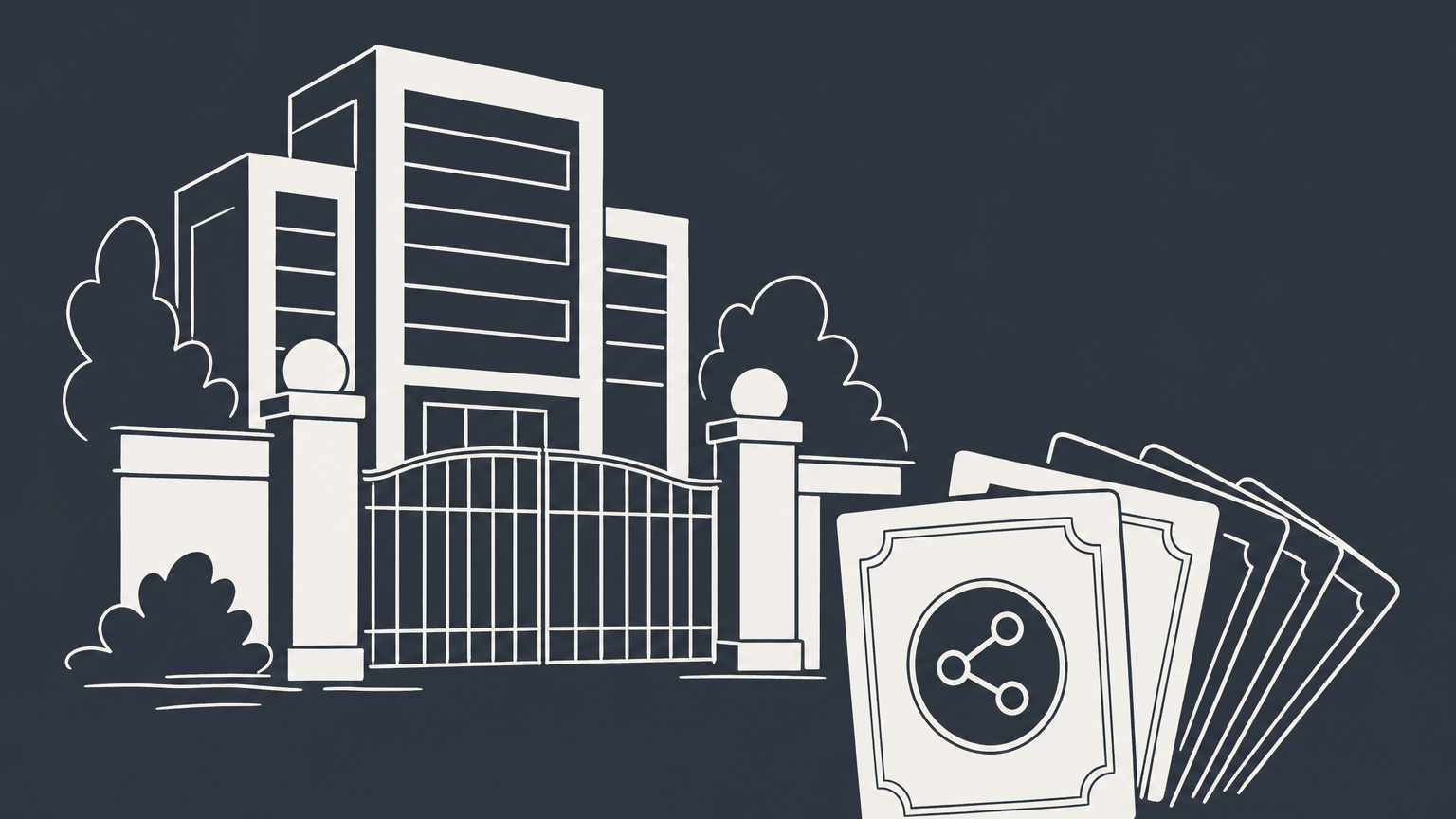Flat illustration of a company building with share cards at its gate, representing a public limited company