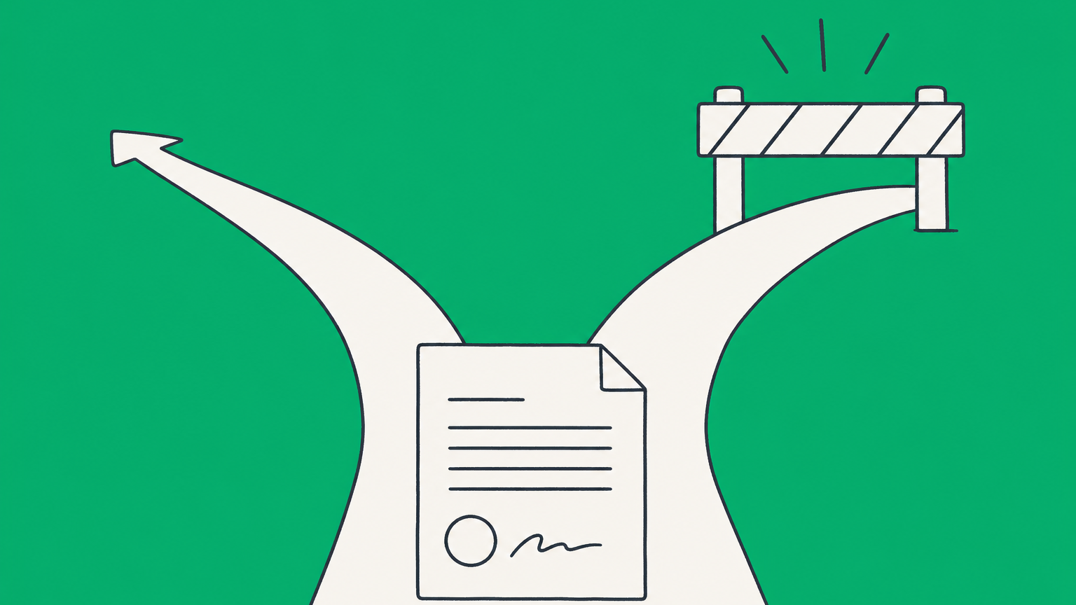 Flat illustration of a contract at a fork with one path blocked, representing rejection in contract law