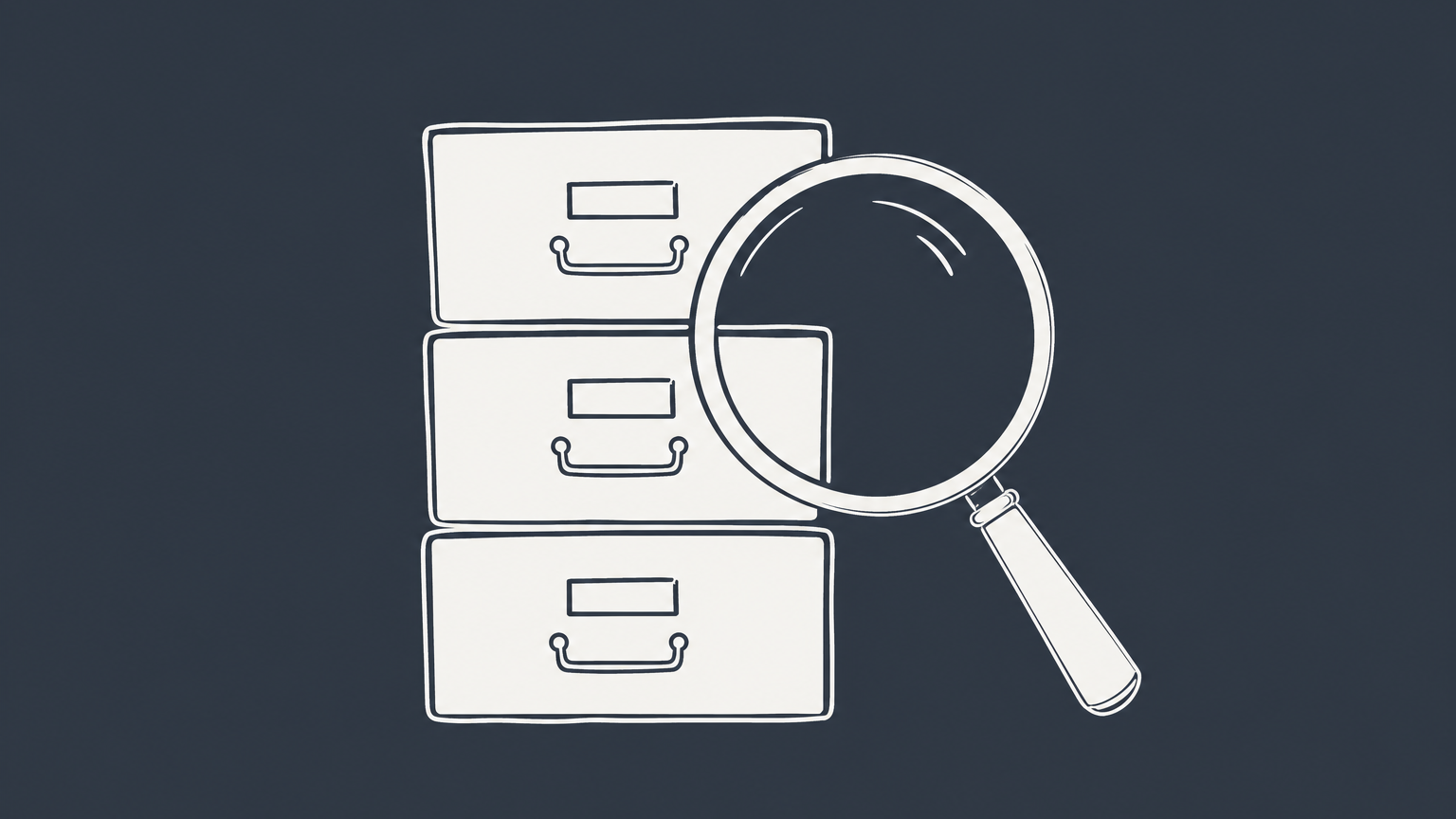 Flat illustration of a magnifying glass over filing drawers, representing checking if a business name is taken