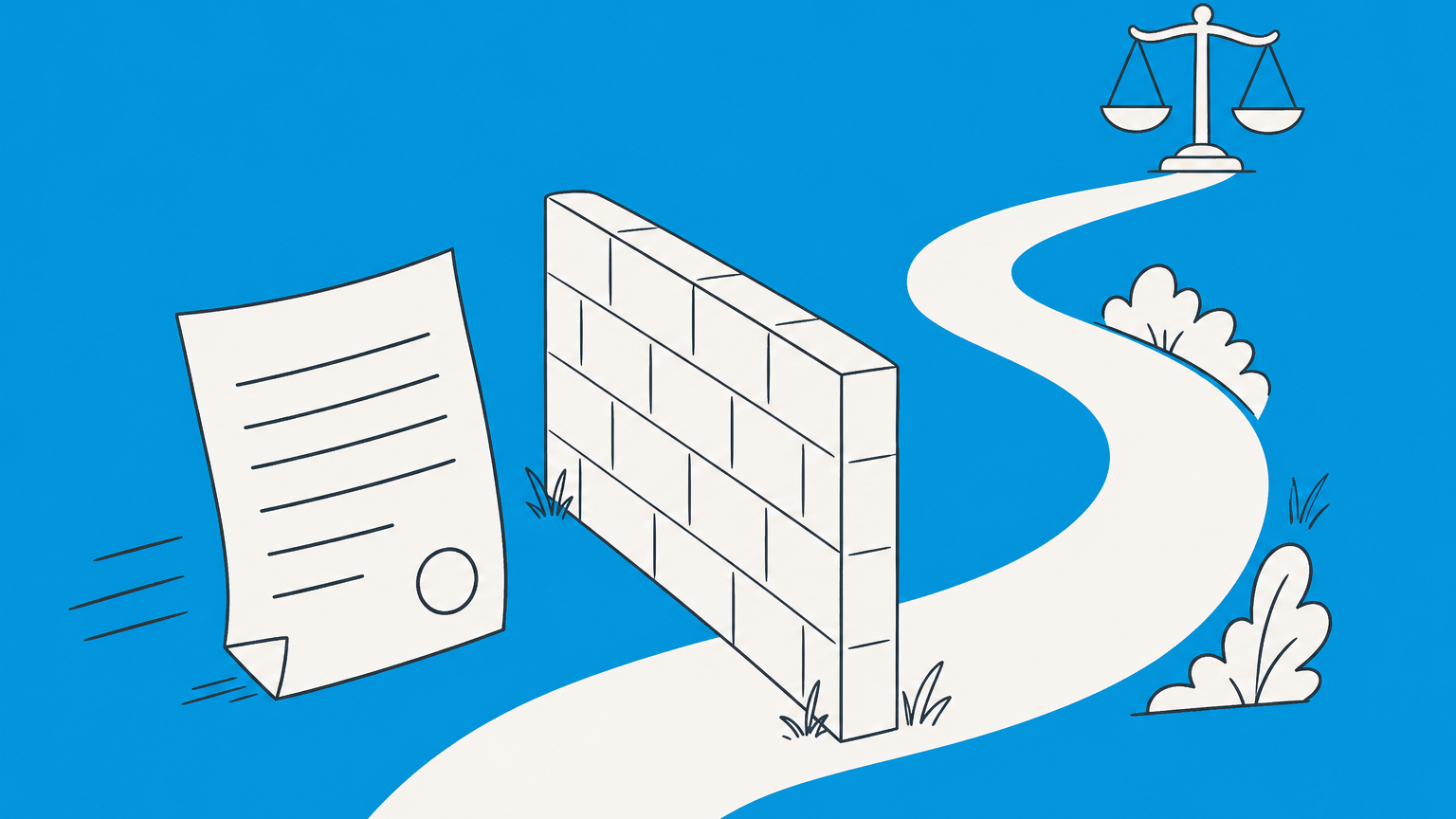 Flat illustration of a contract sheet blocked by a barrier to represent an agreement opposed to public policy.