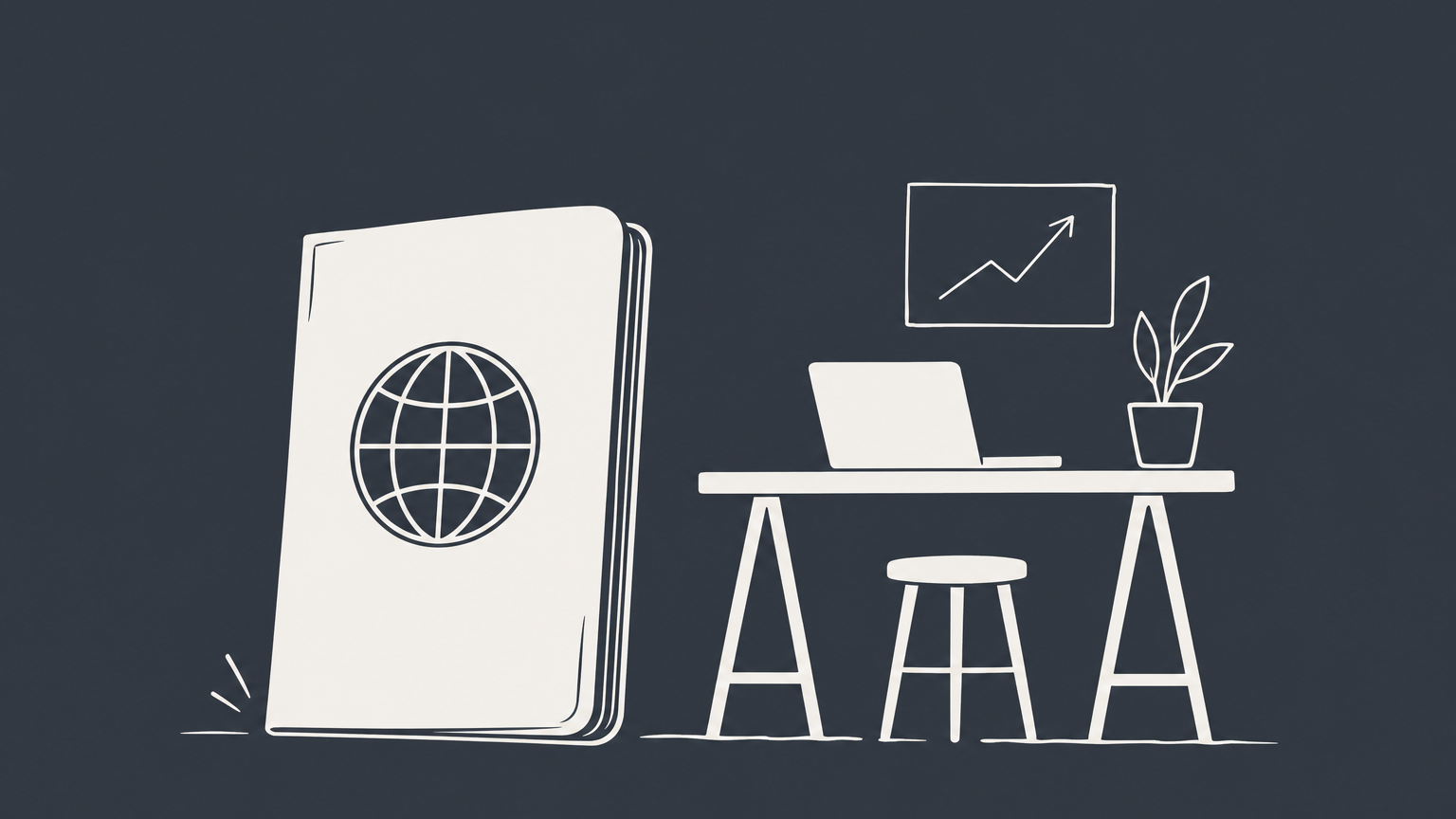 Flat illustration of a passport beside a startup desk, representing an H-1B startup founder