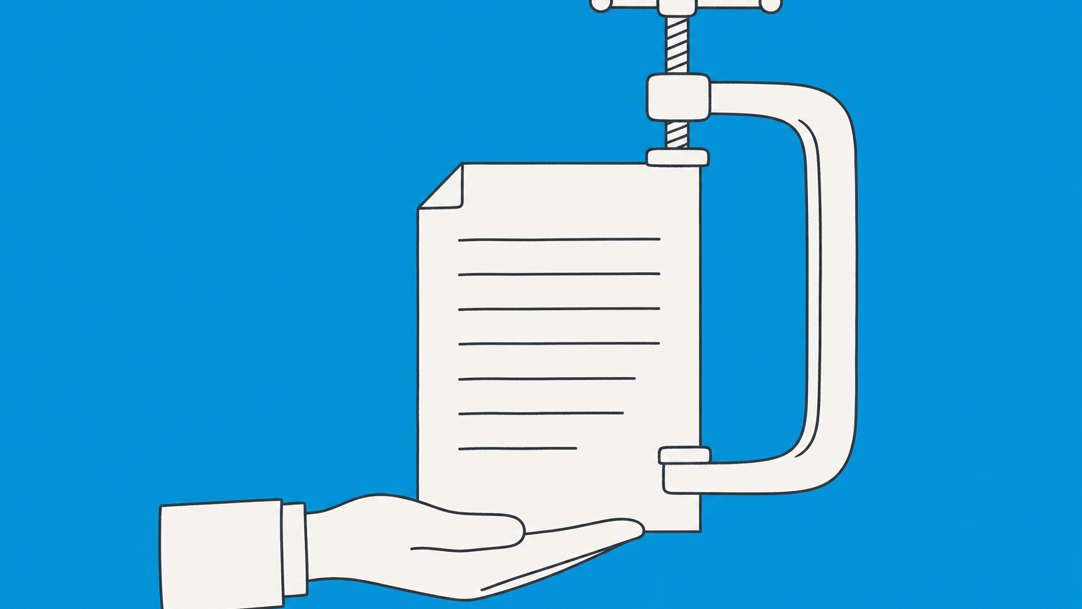 Flat illustration of a contract page caught between an open hand and a tightening clamp to represent duress in contract law.